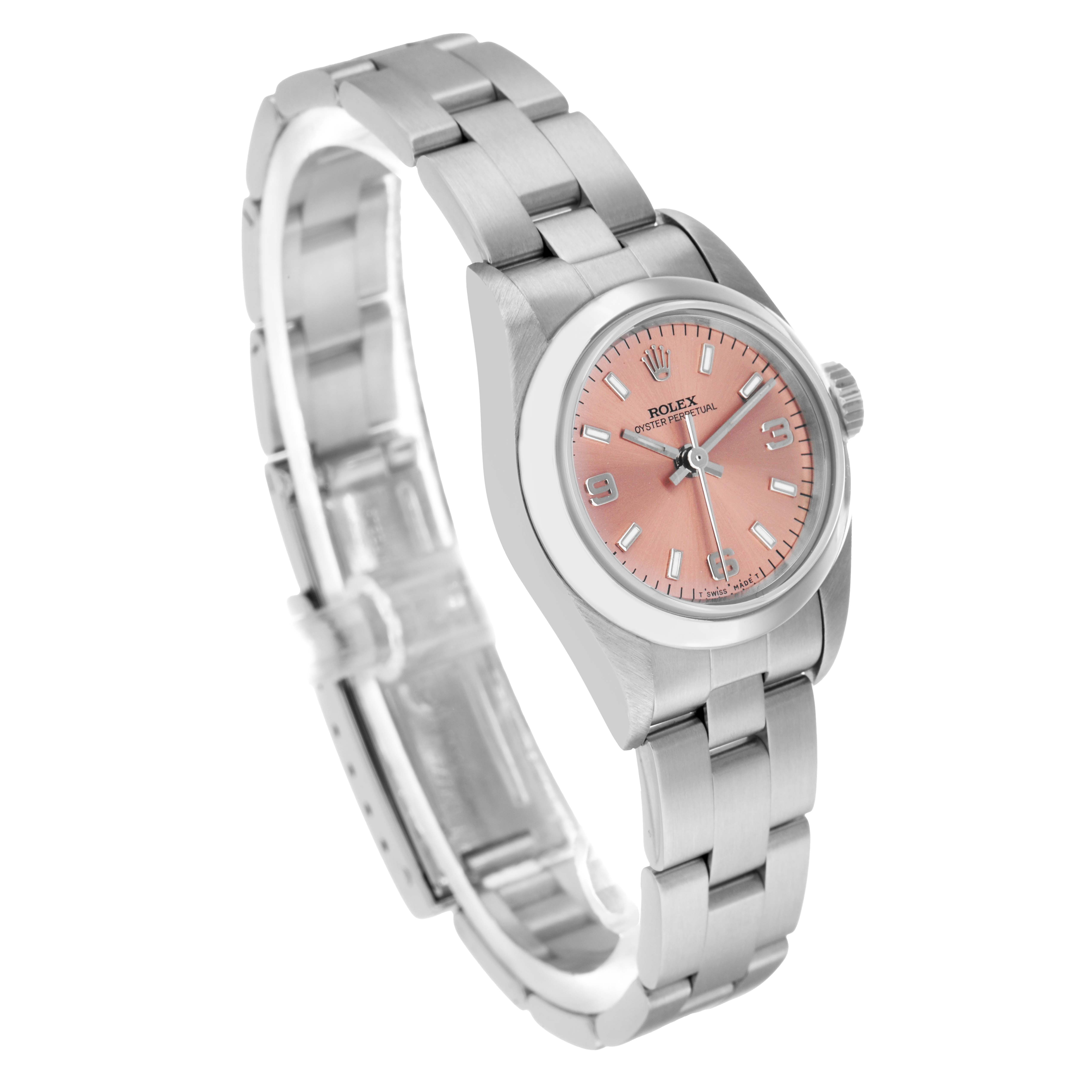 The Rolex Oyster Perpetual 67180 Women's Stainless Steel Pink Dial watch is shown at an angled side view, highlighting the bracelet, case, and pink dial.