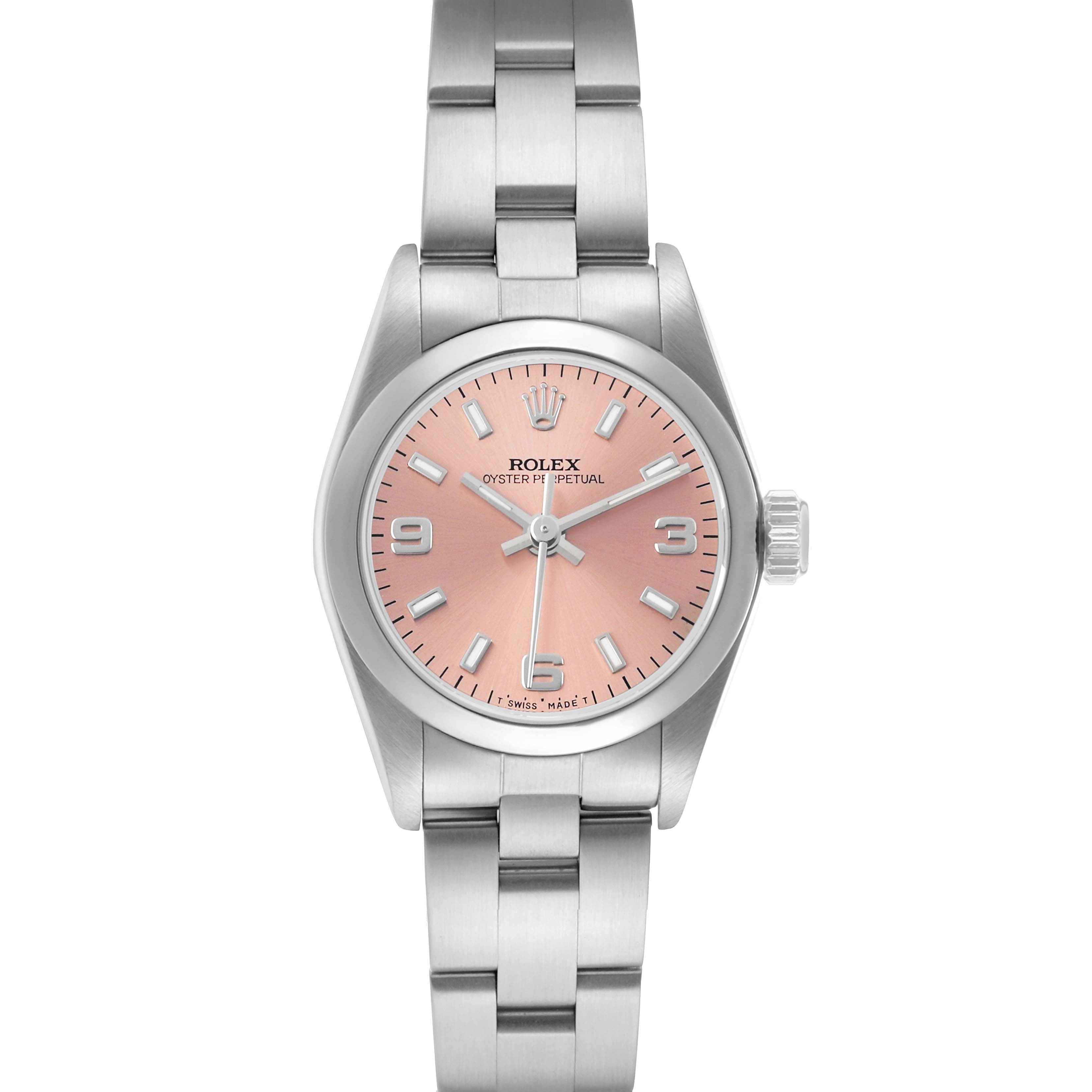 The Rolex Oyster Perpetual 67180 Women's Stainless Steel Pink Dial watch is shown from the front, displaying the pink dial, bezel, crown, and bracelet.