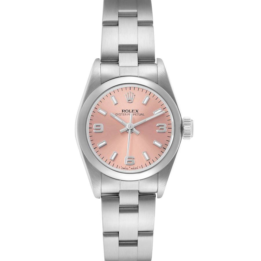 The Rolex Oyster Perpetual 67180 Women's Stainless Steel Pink Dial watch is shown from the front, displaying the pink dial, bezel, crown, and bracelet.