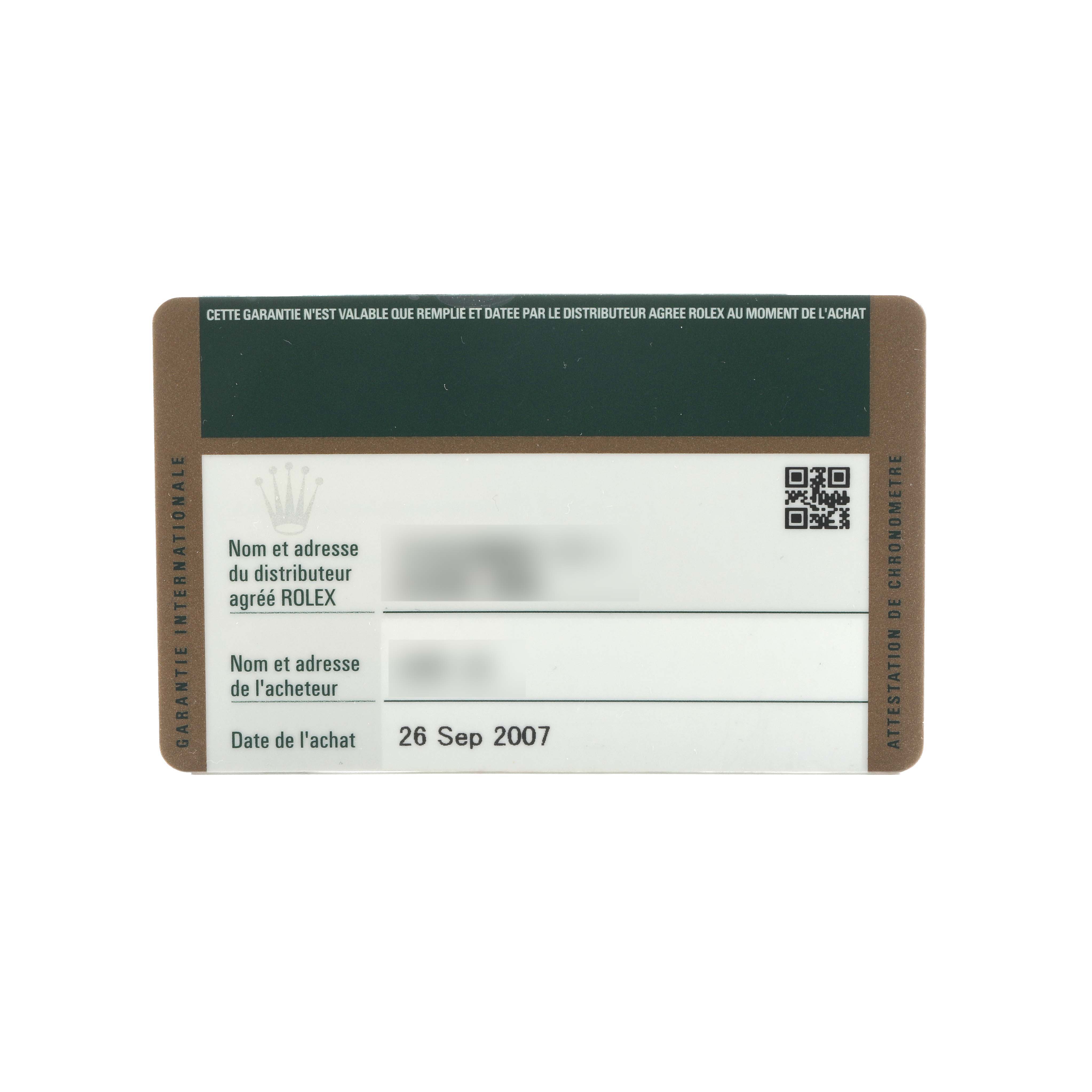 This image shows the warranty card for a Rolex Oyster Perpetual 14203 Men's Steel and Gold (two tone) Black Dial watch, displaying purchase details.