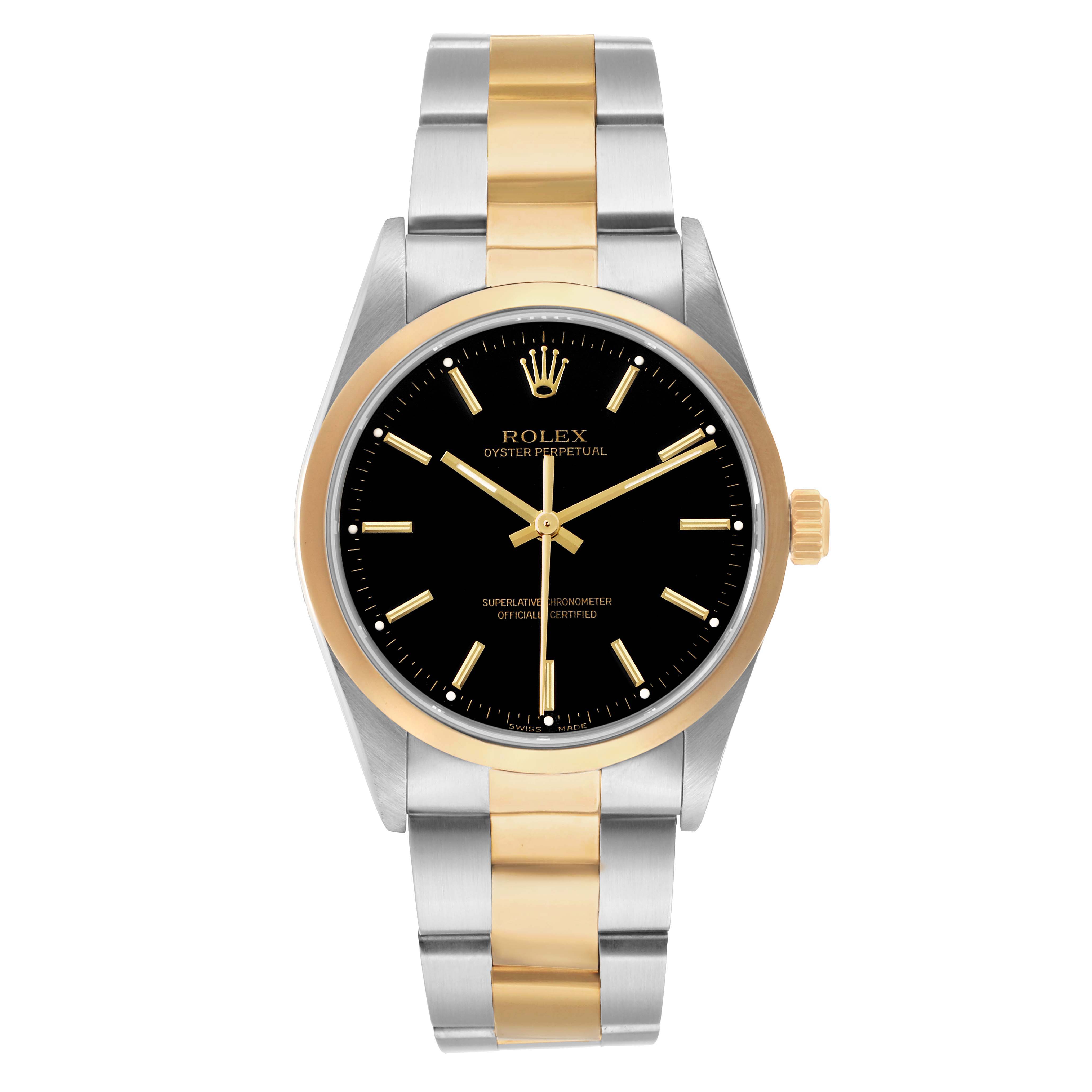 The Rolex Oyster Perpetual 14203 Men's Steel and Gold (two tone) Black Dial watch is shown from a front angle, highlighting its gold and silver bracelet and black dial.