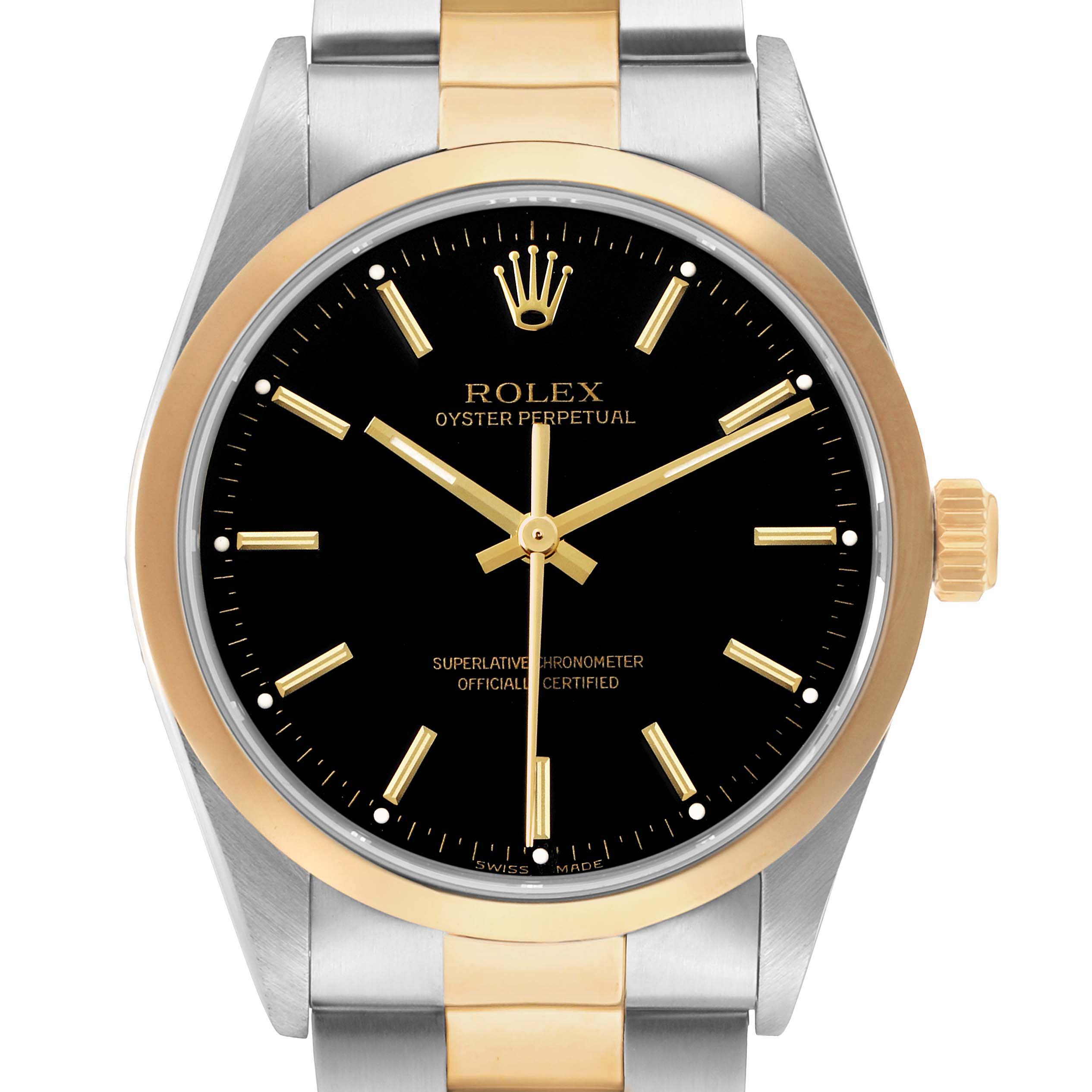 The Rolex Oyster Perpetual 14203 Men's Steel and Gold (two tone) Black Dial watch is shown from the front, highlighting its black dial, gold bezel, and two-tone bracelet.