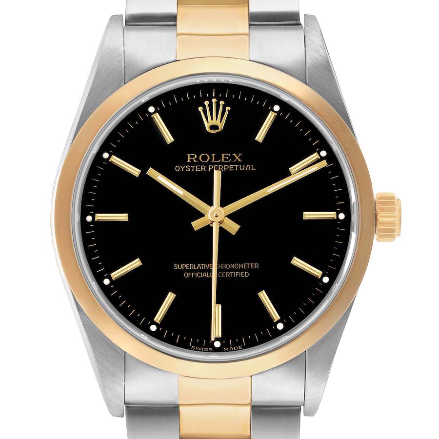 The Rolex Oyster Perpetual 14203 Men's Steel and Gold (two tone) Black Dial watch is shown from the front, highlighting its black dial, gold bezel, and two-tone bracelet.