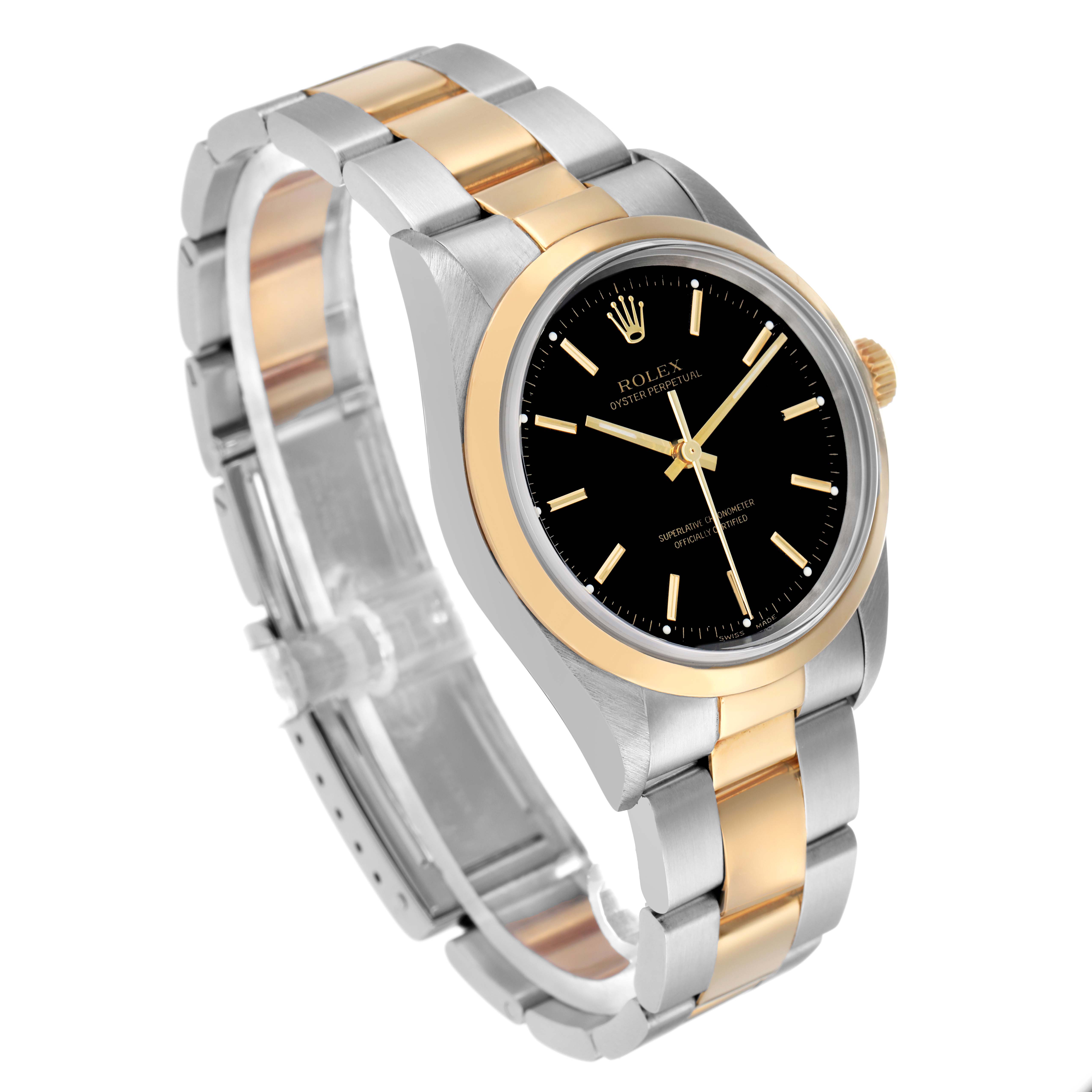 The Rolex Oyster Perpetual 14203 Men's Steel and Gold (two tone) Black Dial watch is shown at a three-quarter angle, highlighting its black dial, gold bezel, and two-tone bracelet.