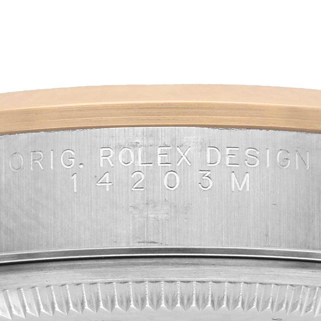 The image shows a close-up of the case side with engravings of the Rolex Oyster Perpetual 14203 Men's Steel and Gold (two tone) Black Dial model.