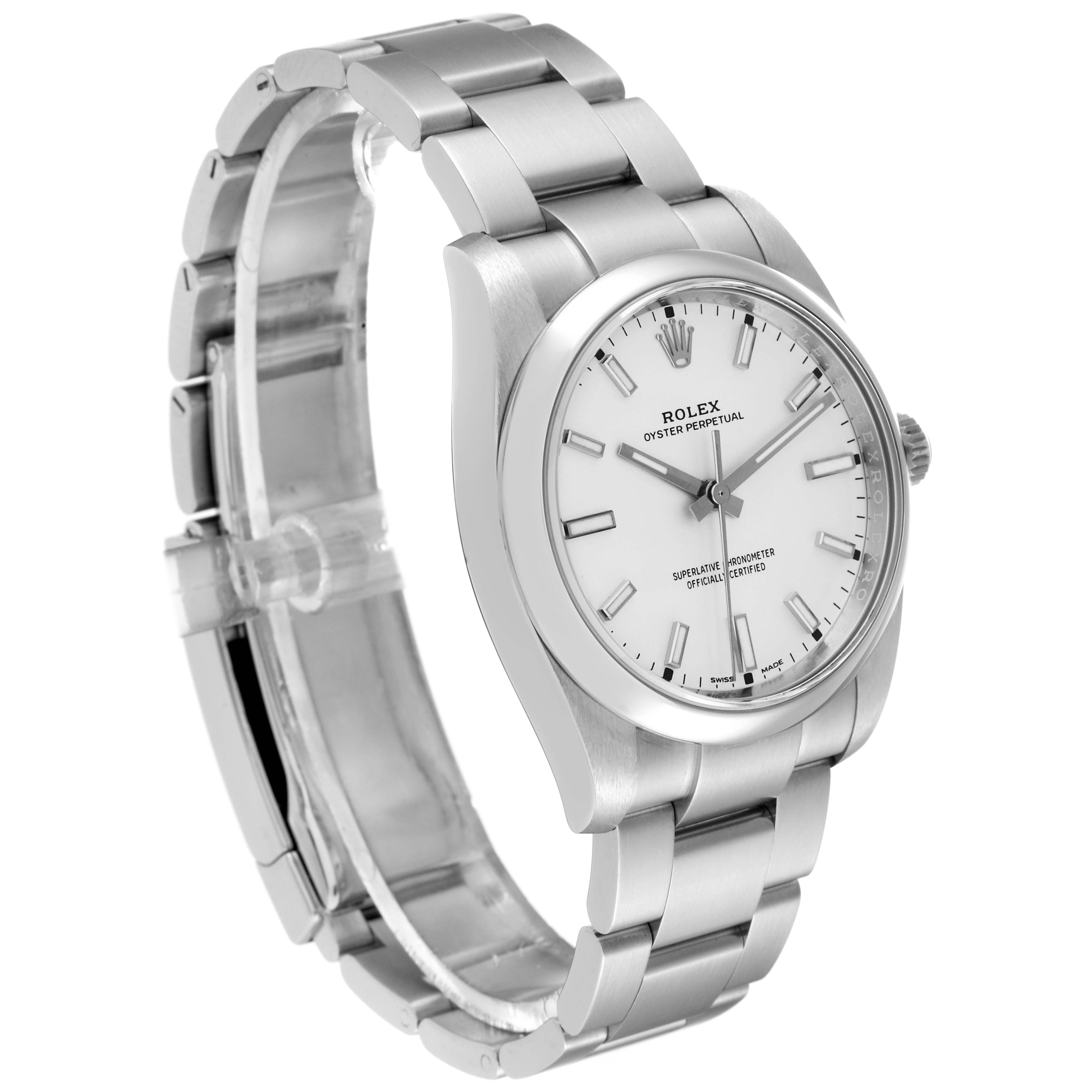 The image shows a side angle of the Rolex Oyster Perpetual 114200 Men's Stainless Steel White Dial 114200 Men's Stainless Steel White Dial watch, highlighting its face, bracelet, and clasp.
