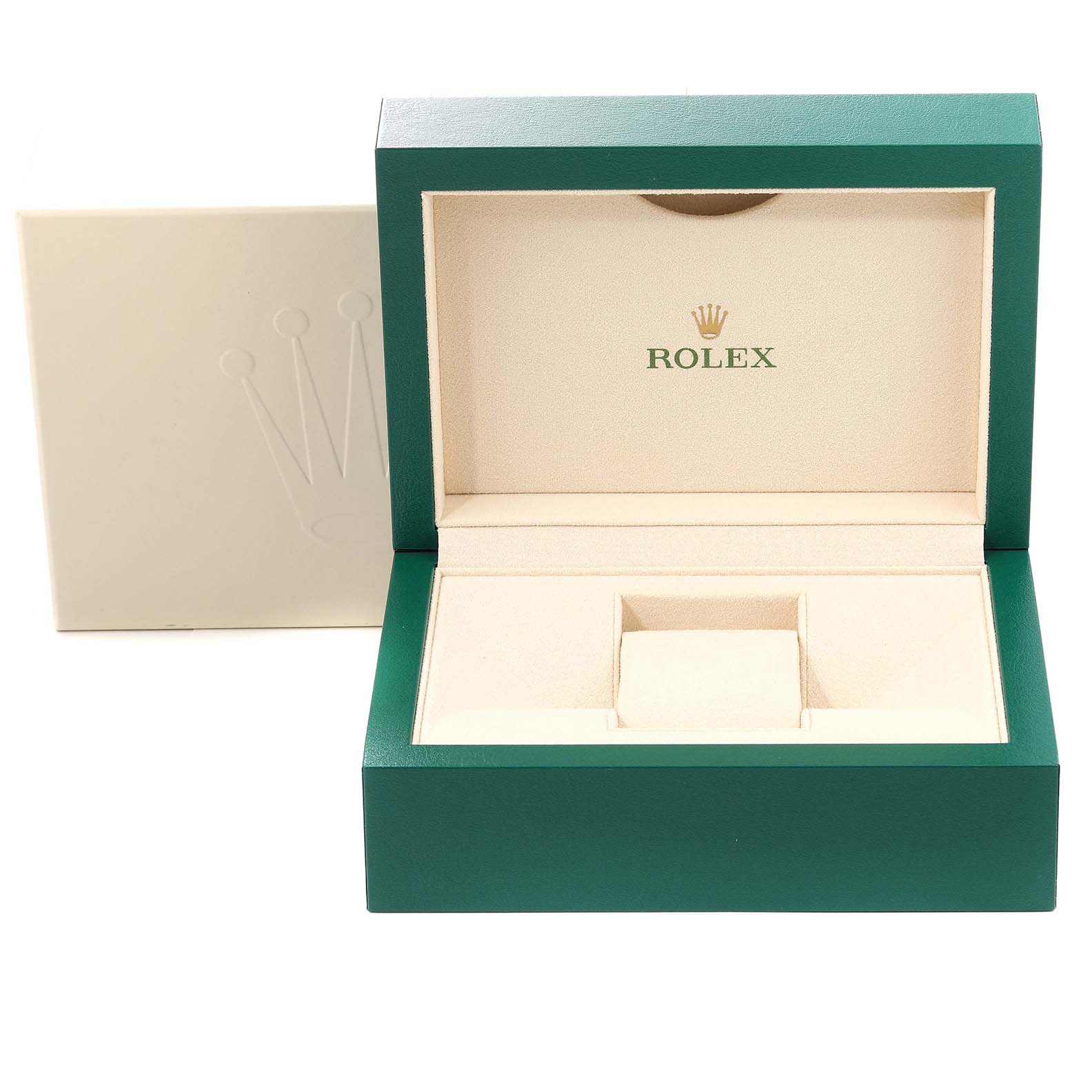 The image shows an open Rolex Oyster Perpetual 114200 Men's Stainless Steel White Dial 114200 Men's Stainless Steel White Dial watch box in green and beige colors, with the lid displaying the brand's logo.