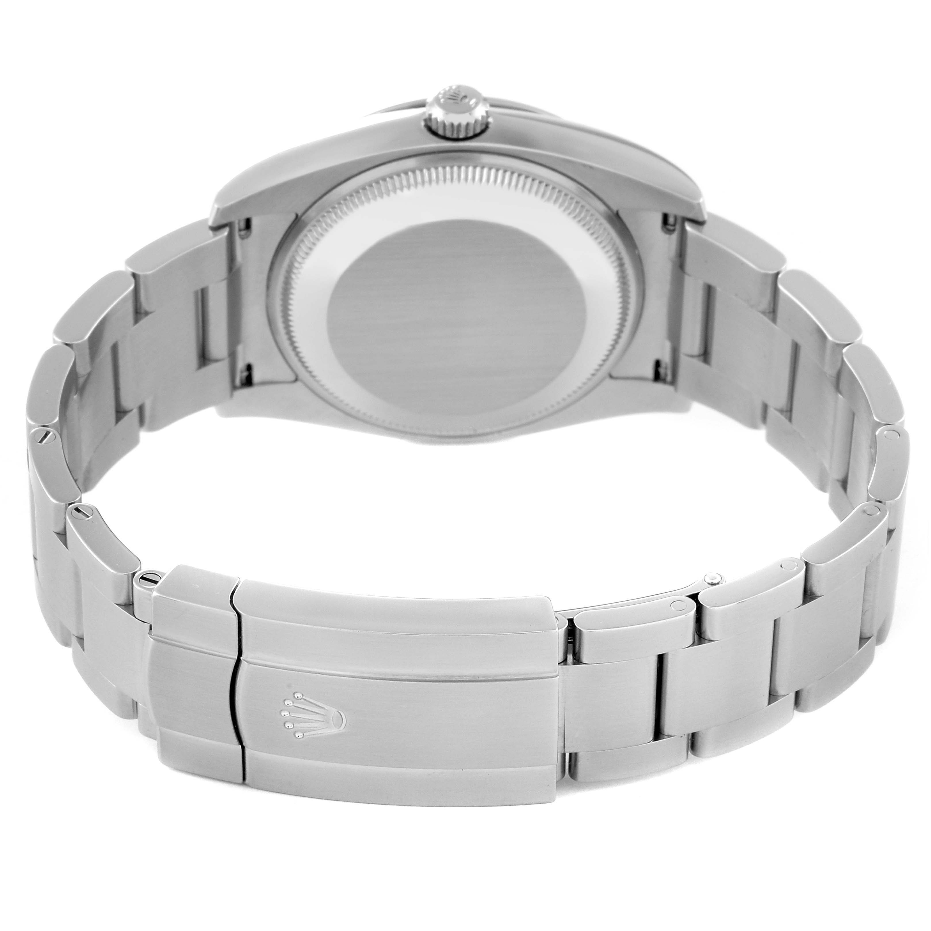 The image shows the back view of a Rolex Oyster Perpetual 114200 Men's Stainless Steel White Dial 114200 Men's Stainless Steel White Dial watch, highlighting its case back and bracelet clasp.