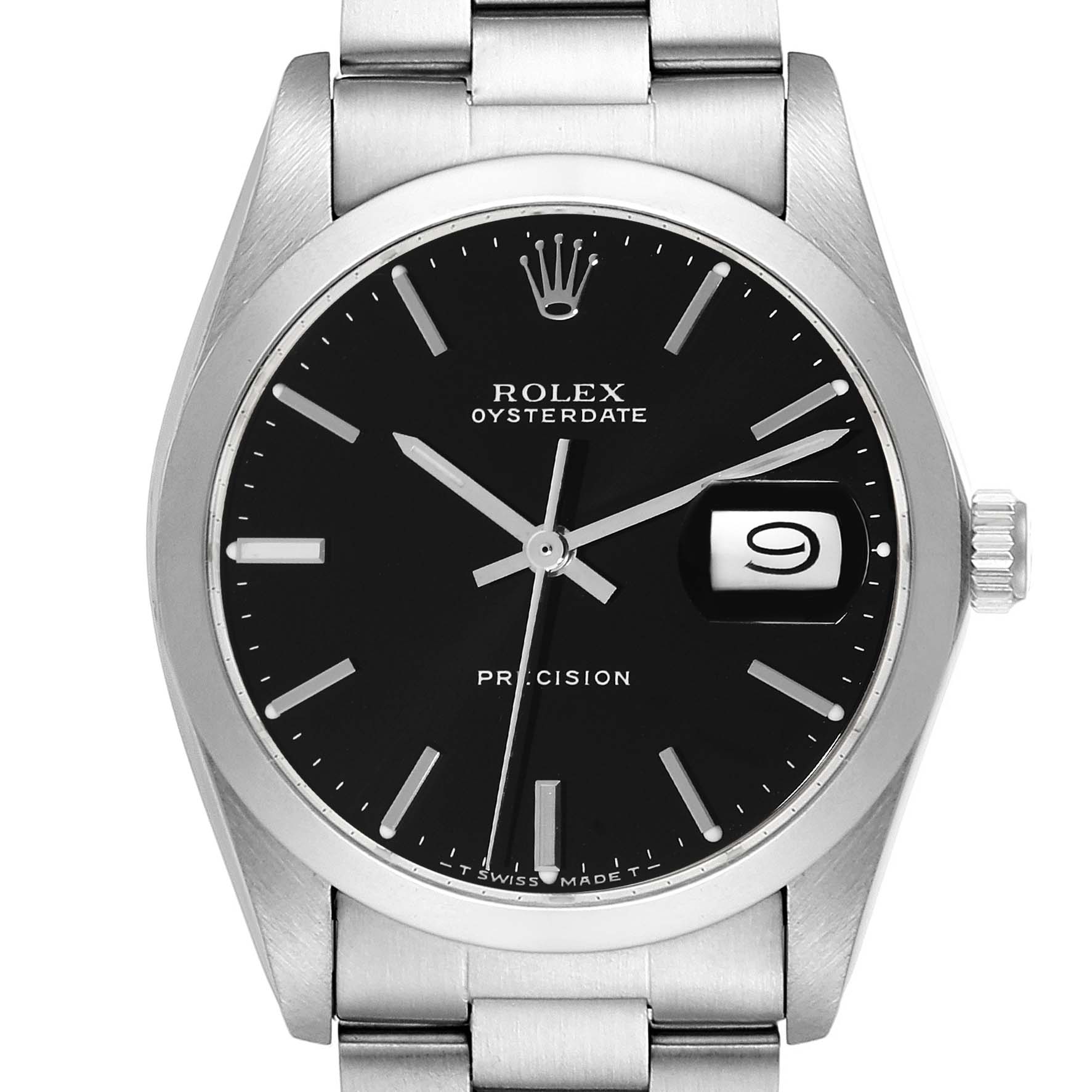This image shows a front view of the Rolex Vintage Collection 6694 Men's Stainless Steel Black Dial 6694 Men's Stainless Steel Black Dial Oysterdate watch, highlighting the dial, hands, date window, and part of the bracelet.