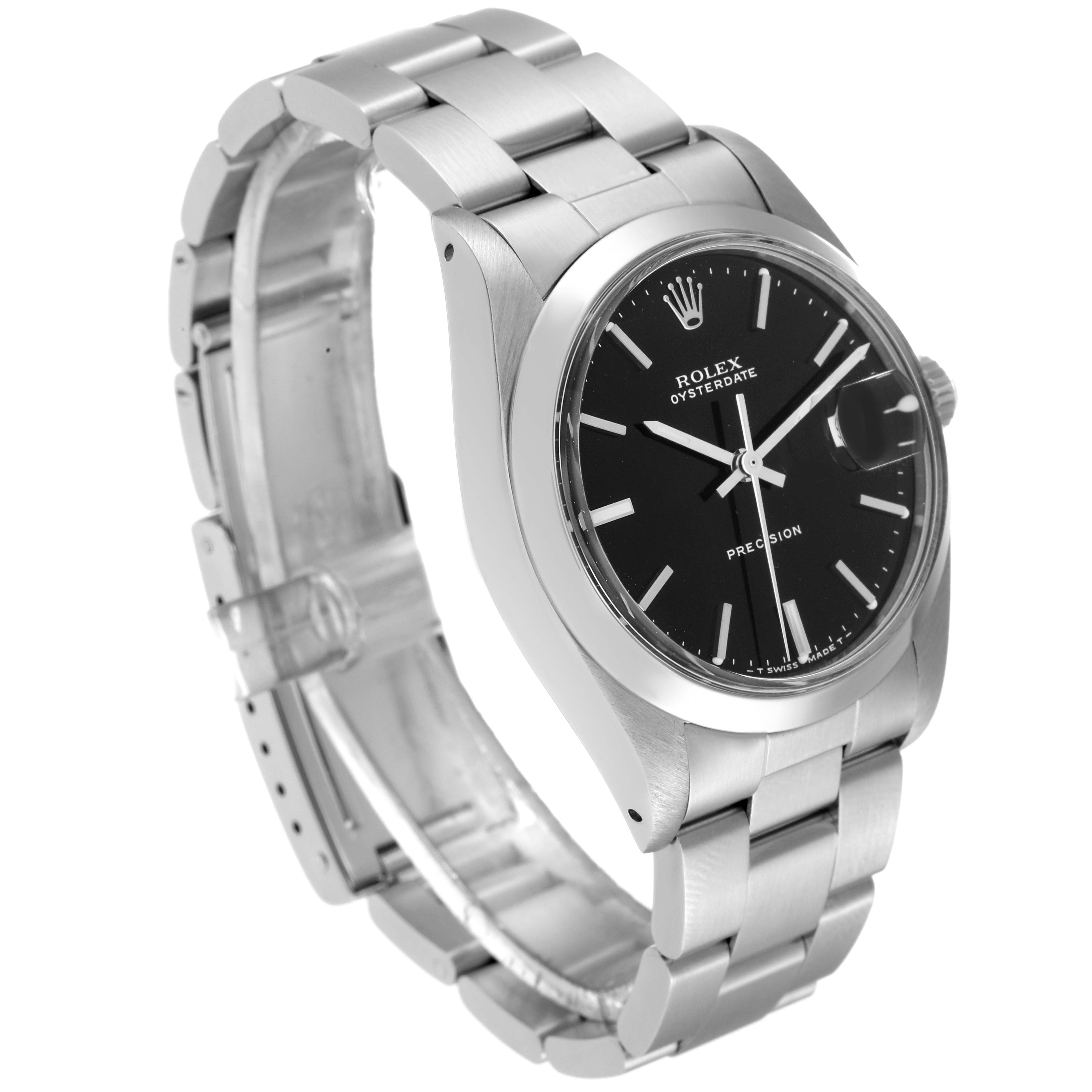 The image shows a side angle view of the Rolex Vintage Collection 6694 Men's Stainless Steel Black Dial 6694 Men's Stainless Steel Black Dial watch, highlighting the face, bezel, and stainless steel bracelet.