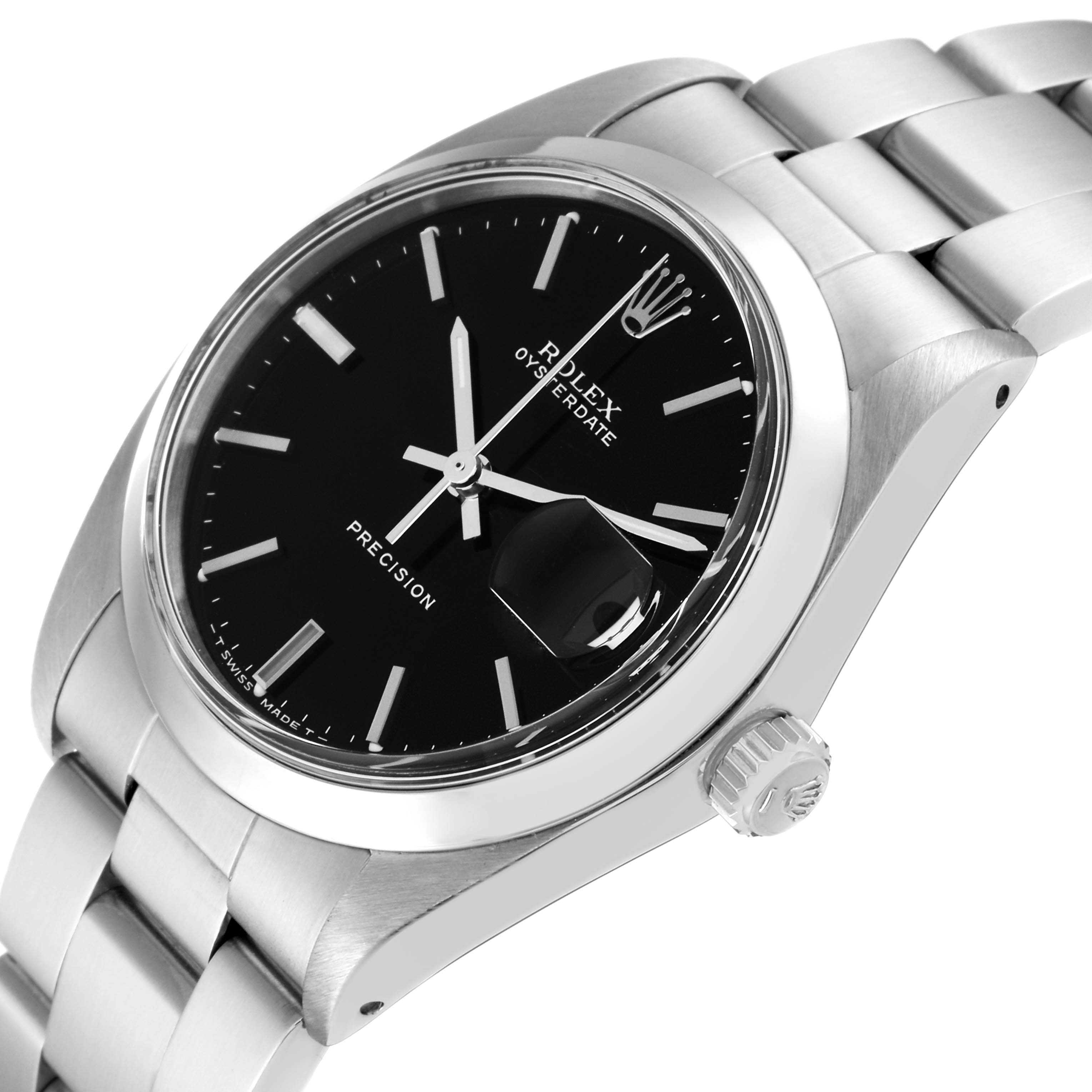 The image shows the face and side profile of the Rolex Vintage Collection 6694 Men's Stainless Steel Black Dial 6694 Men's Stainless Steel Black Dial watch, highlighting its black dial and metal bracelet.