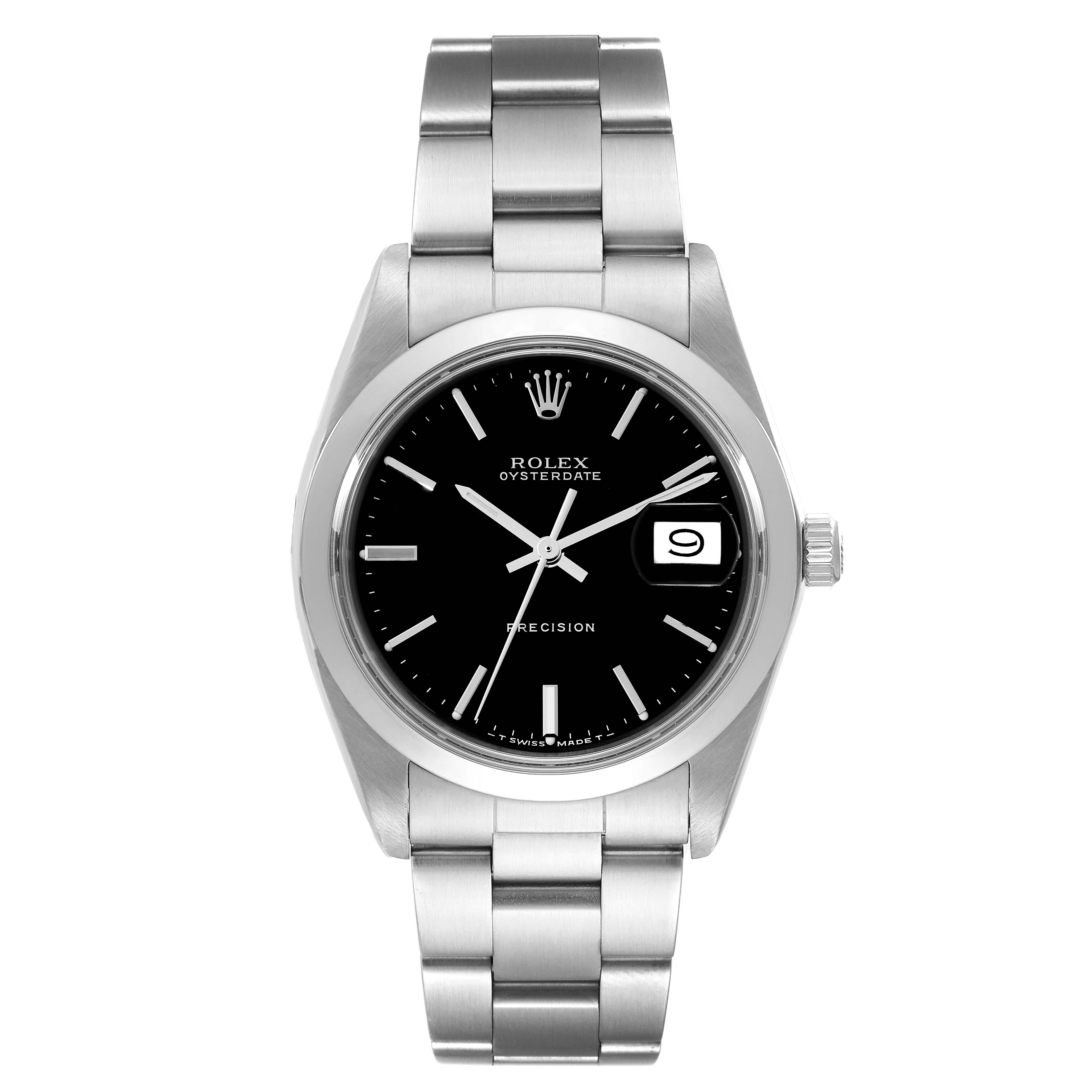 This front-view image of the Rolex Vintage Collection 6694 Men's Stainless Steel Black Dial 6694 Men's Stainless Steel Black Dial model shows the watch face, hour markers, date window, and stainless steel bracelet.