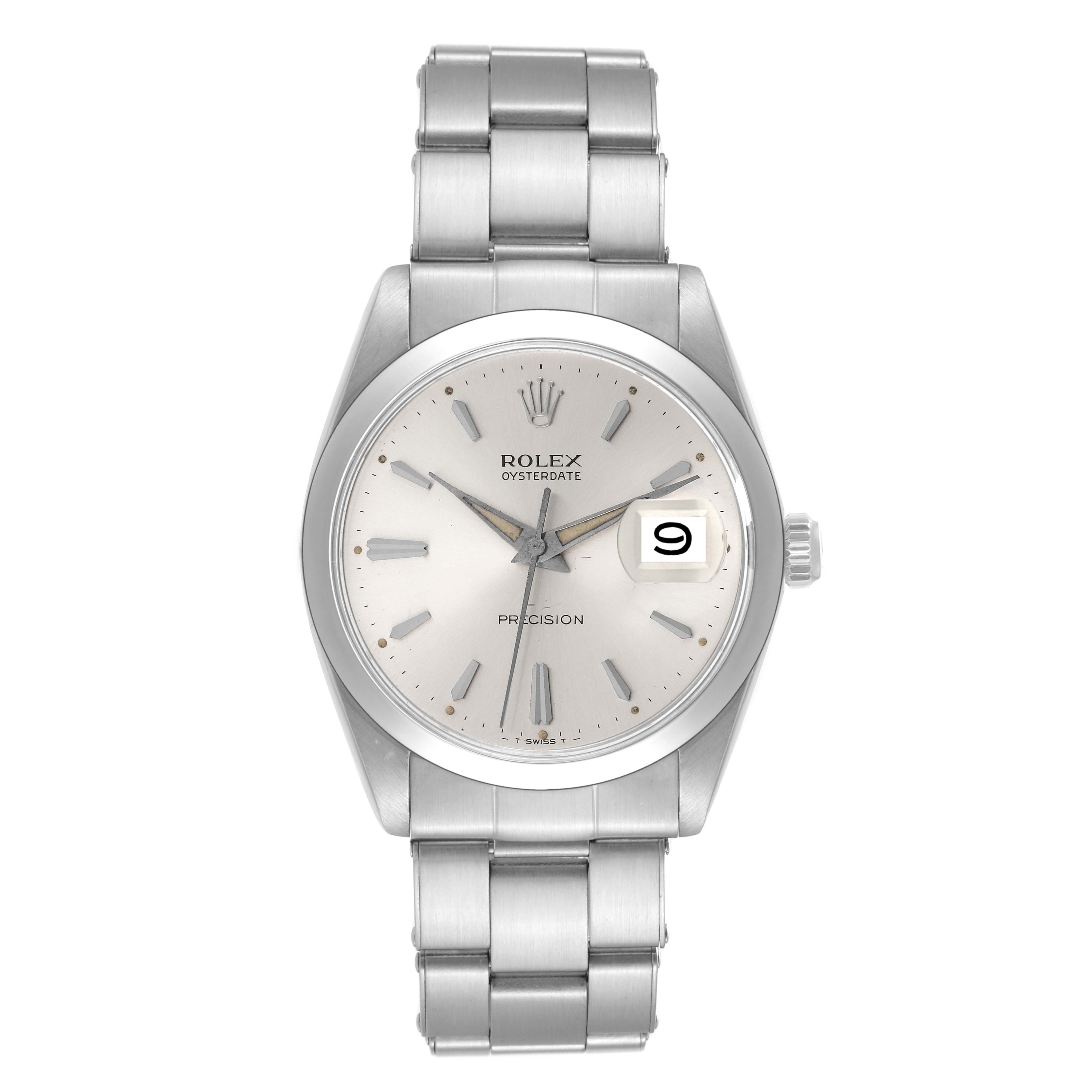 This is a front view of the Rolex Vintage Collection 6694 Men's Stainless Steel Silver Dial 6694 Men's Stainless Steel Silver Dial watch, showing the face, bracelet, and date indicator.