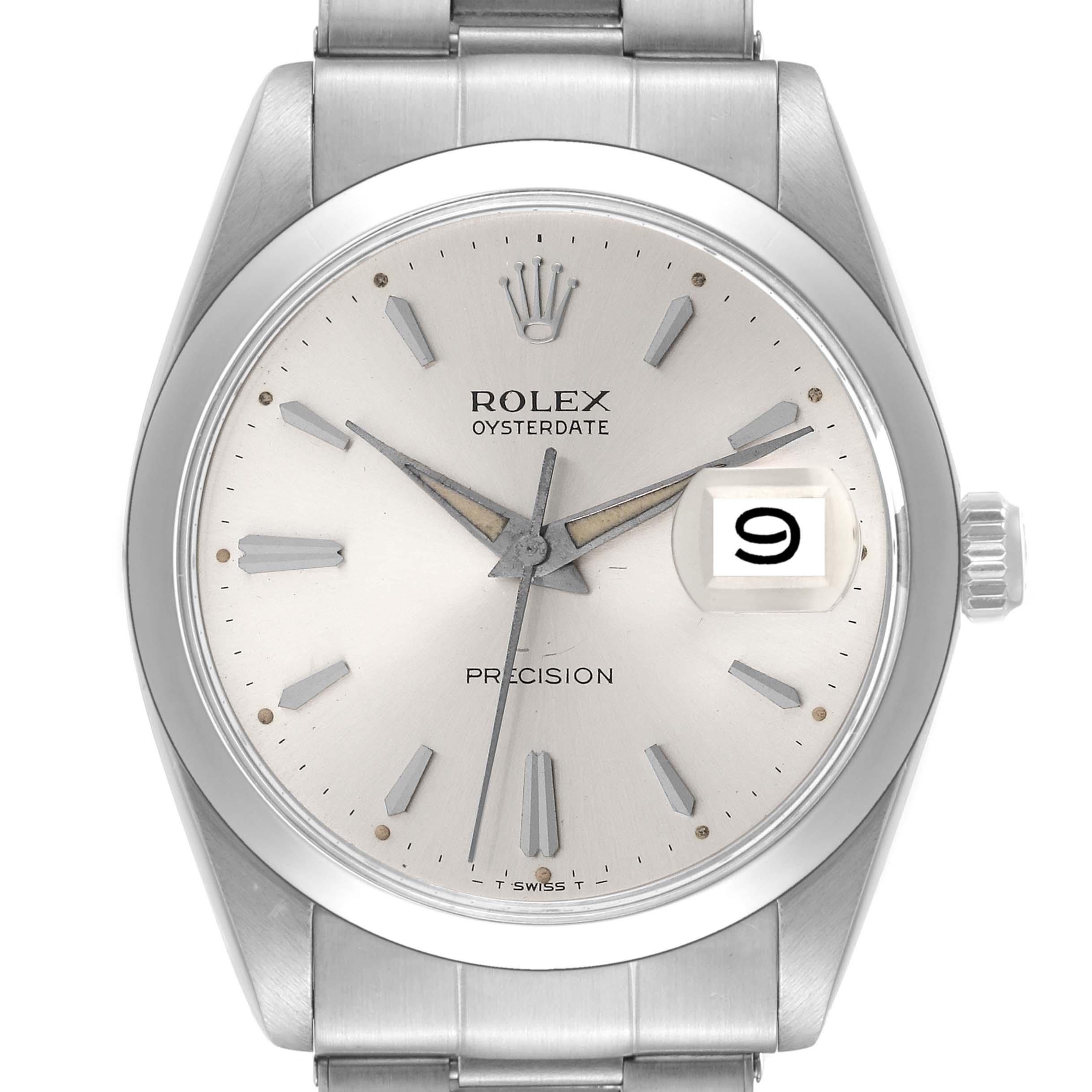 This image shows a front view of a Rolex Vintage Collection 6694 Men's Stainless Steel Silver Dial 6694 Men's Stainless Steel Silver Dial Oysterdate Precision watch featuring the dial, hands, date window, and crown.