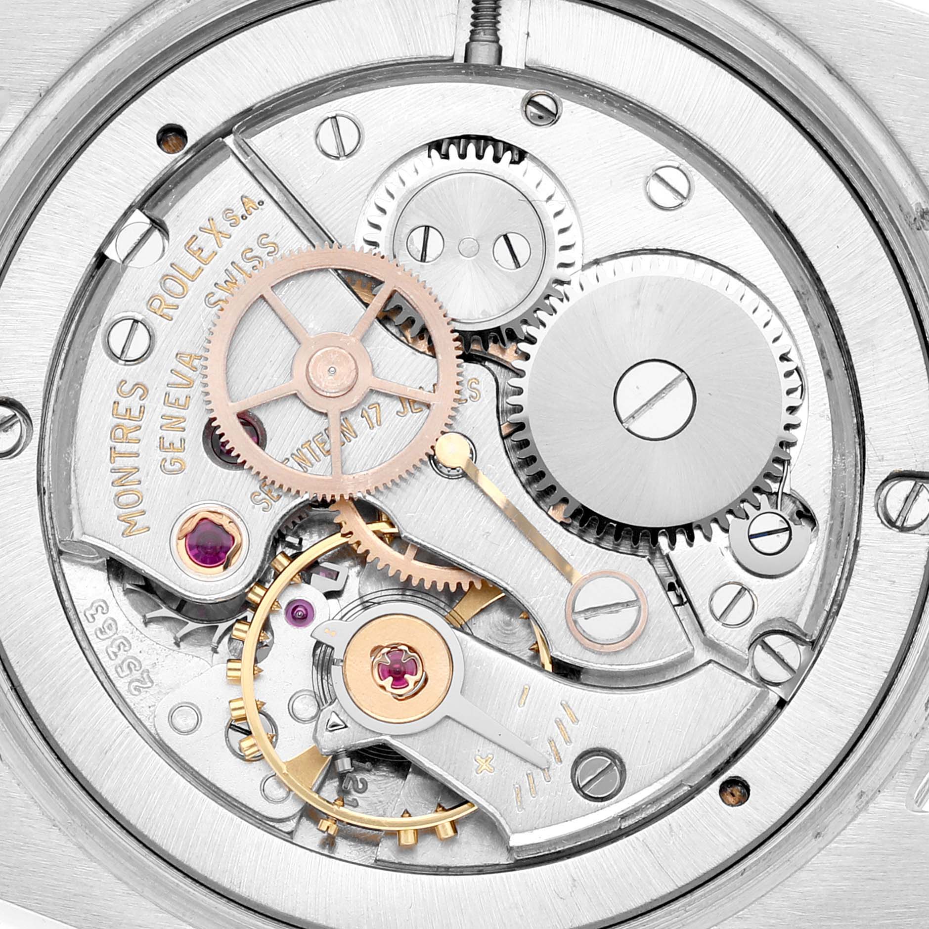 This image shows a close-up view of the intricate mechanical movement inside a Rolex Vintage Collection 6694 Men's Stainless Steel Silver Dial 6694 Men's Stainless Steel Silver Dial watch.
