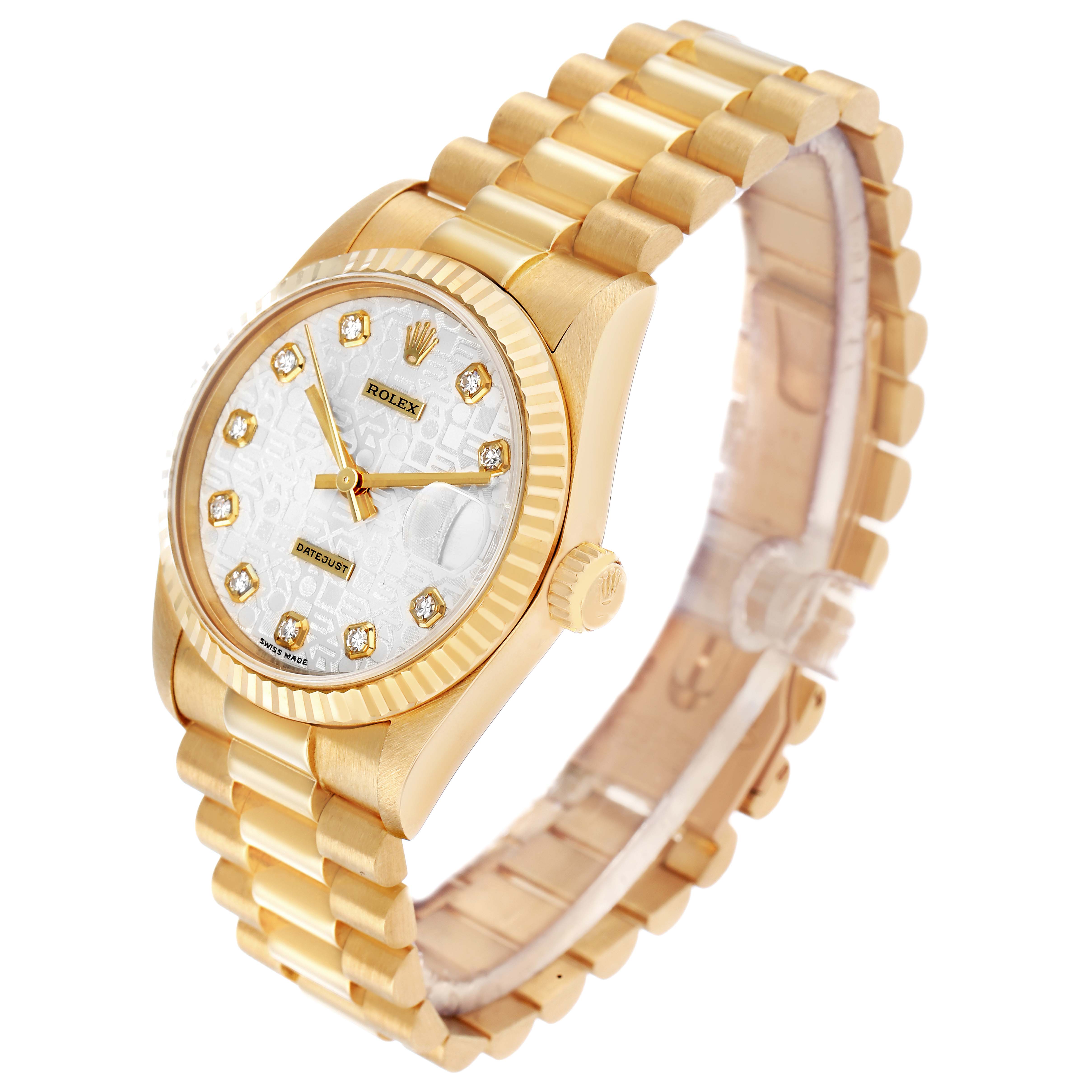 The Rolex President 68278 Women's Yellow Gold Silver Dial watch is shown at an angle highlighting the face, bezel, and bracelet links.