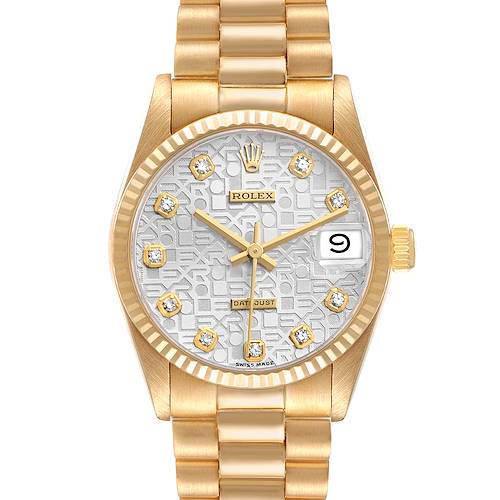 The Rolex President 68278 Women's Yellow Gold Silver Dial model is shown from the front, displaying its gold bracelet, diamond hour markers, and date feature at three o'clock.