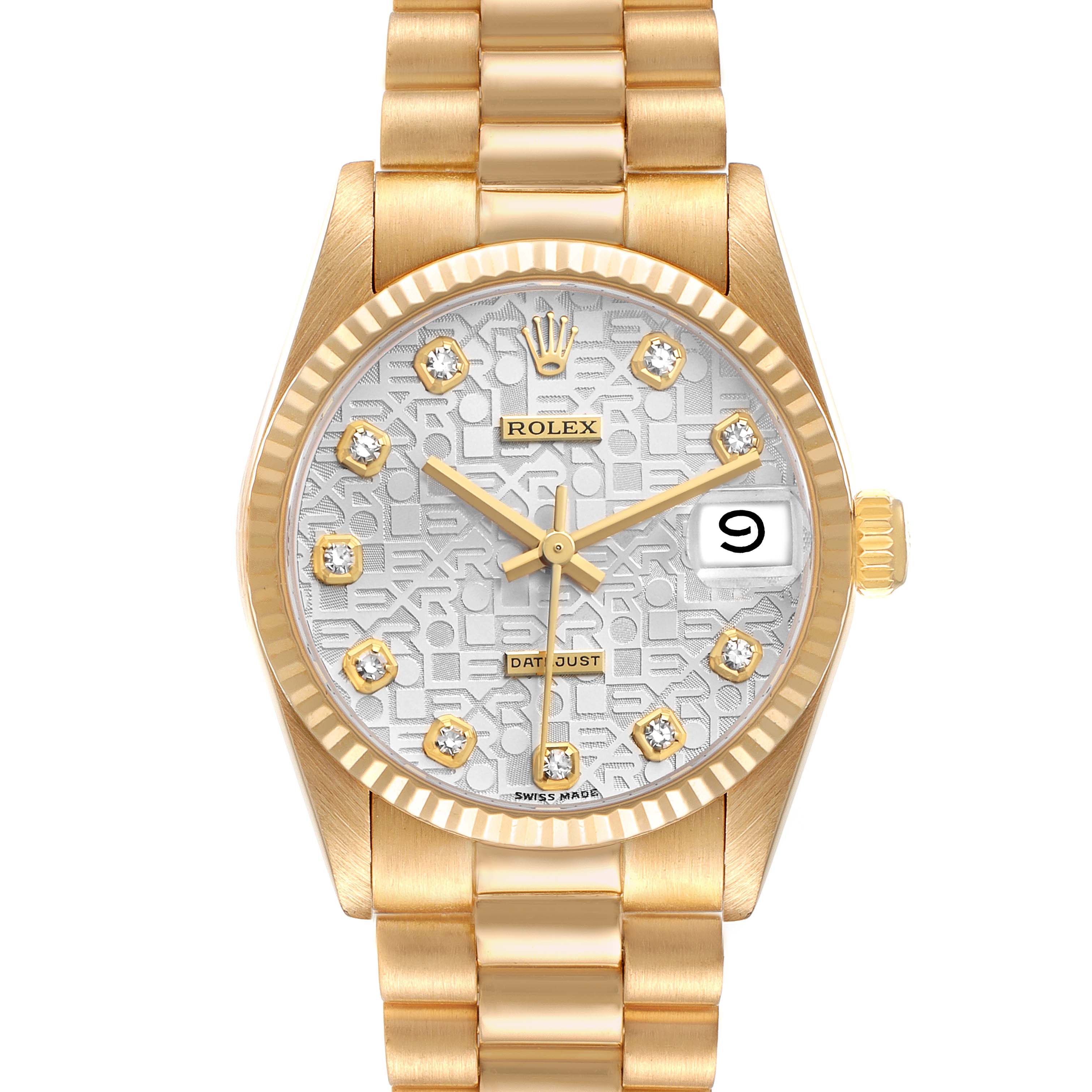 The Rolex President 68278 Women's Yellow Gold Silver Dial model is shown from a top-down angle, displaying its gold bracelet, dial with diamond indices, and date window.