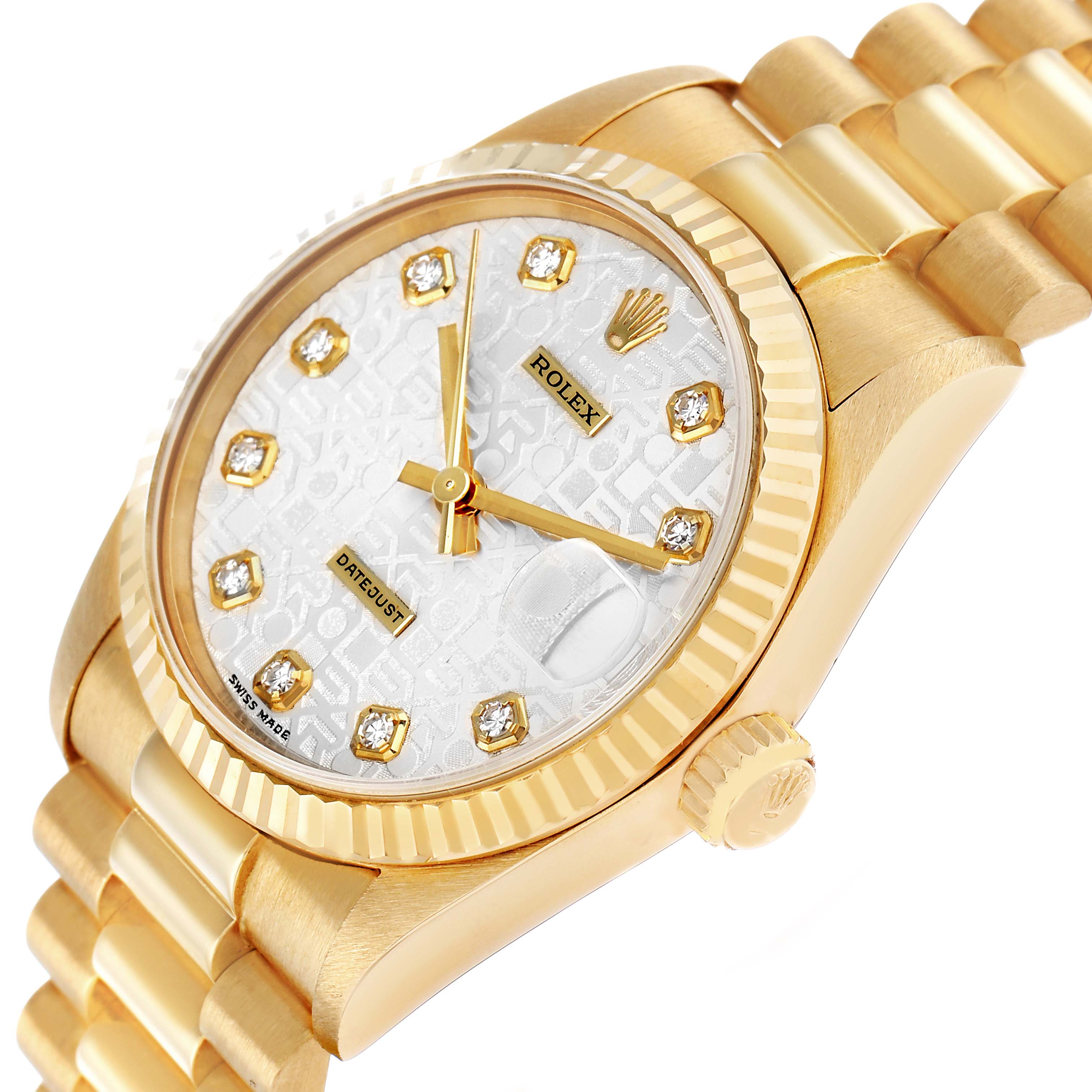 The Rolex President 68278 Women's Yellow Gold Silver Dial model watch is shown at an angled side view, highlighting the dial, bezel, and bracelet.