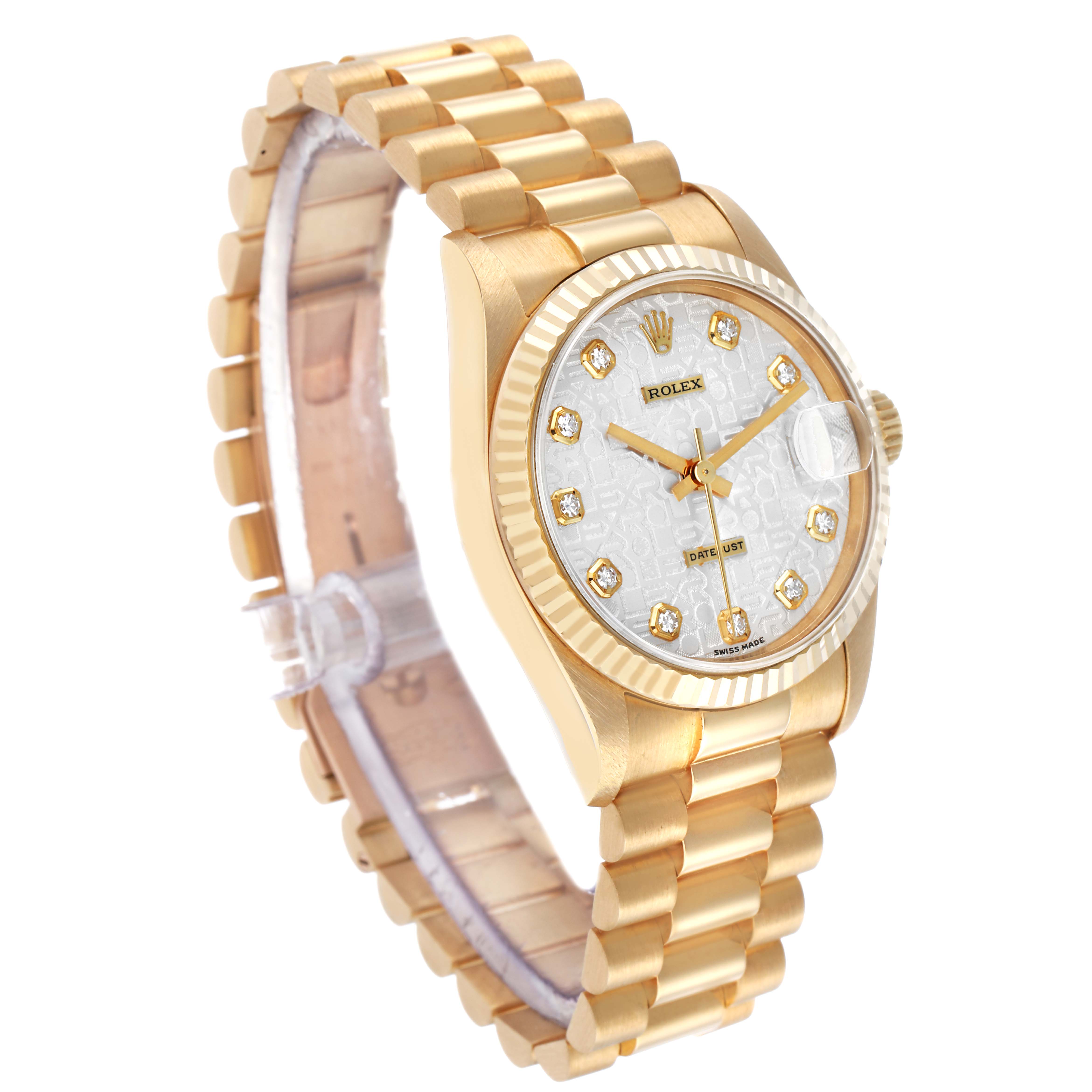 The Rolex President 68278 Women's Yellow Gold Silver Dial model watch is shown at an angled side view, displaying the face, bezel, and part of the bracelet.