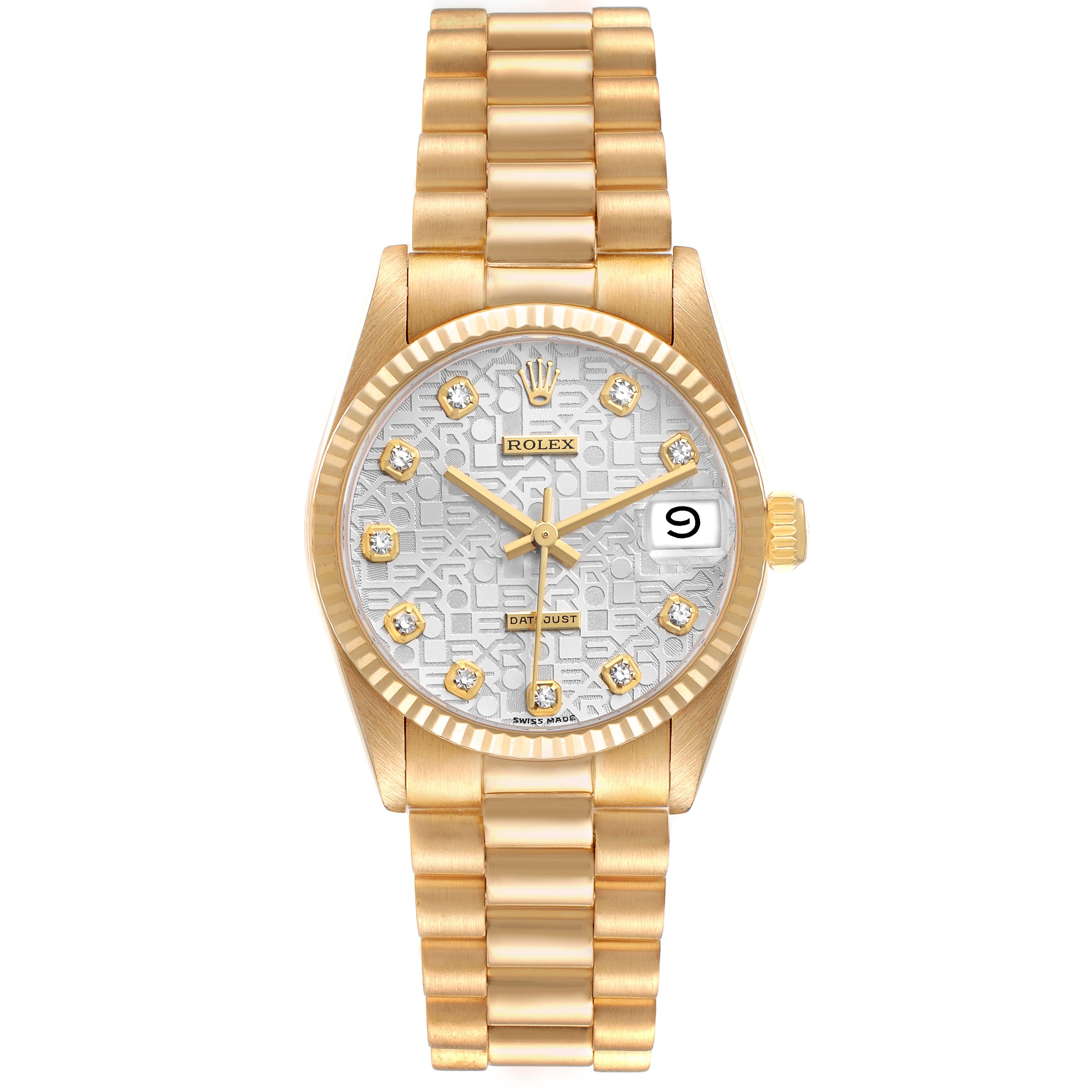 This Rolex President 68278 Women's Yellow Gold Silver Dial model watch is shown from a top-down angle, displaying its gold bracelet, bezel, and detailed dial.