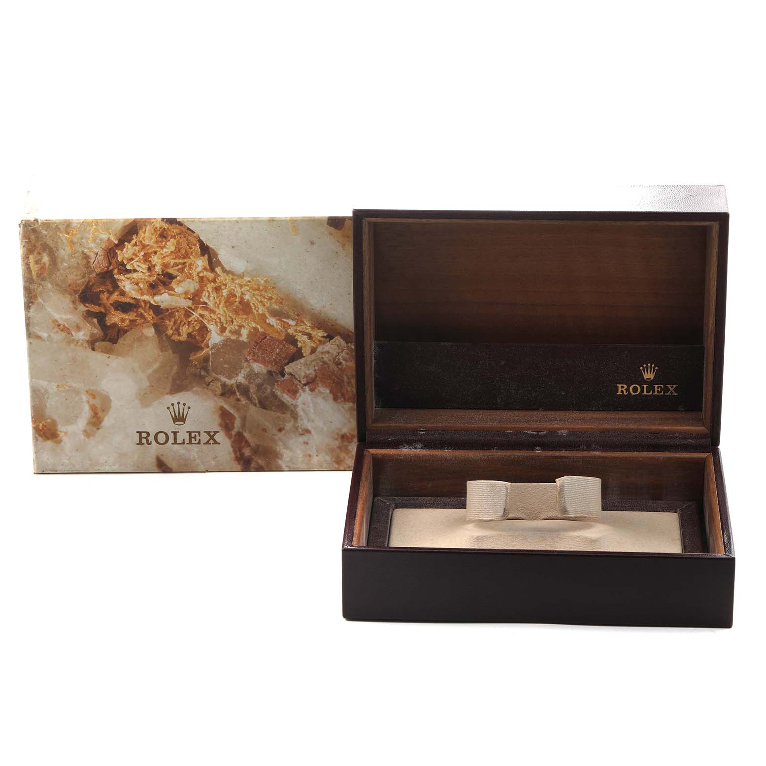 The image shows an open Rolex President 68278 Women's Yellow Gold Silver Dial watch box with the exterior box beside it, displaying the brand logo.