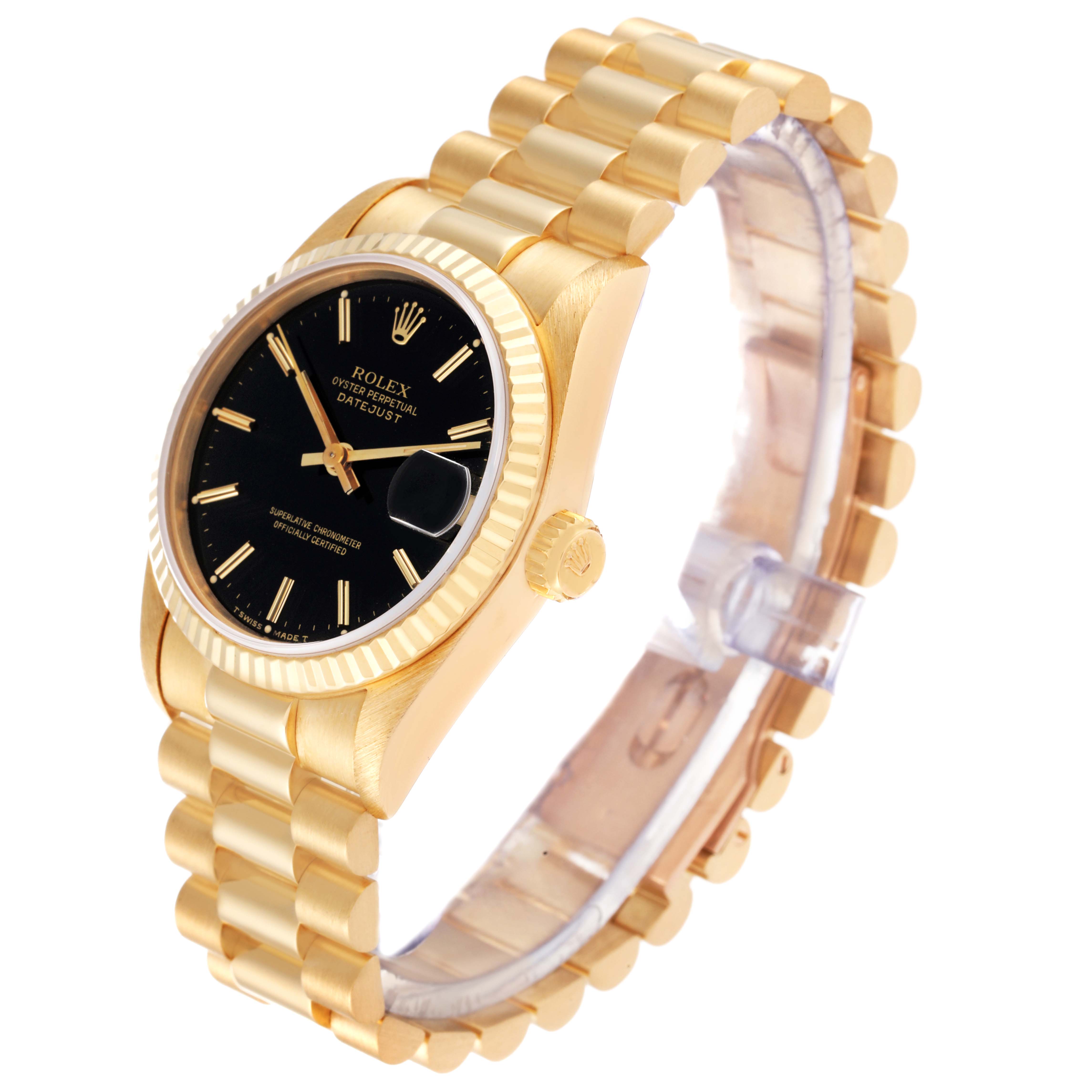 The image shows a side and front angle of the Rolex President 68278 Women's Yellow Gold Black Dial 68278 Women's Yellow Gold Black Dial model watch, featuring its gold bracelet, black dial, and fluted bezel.