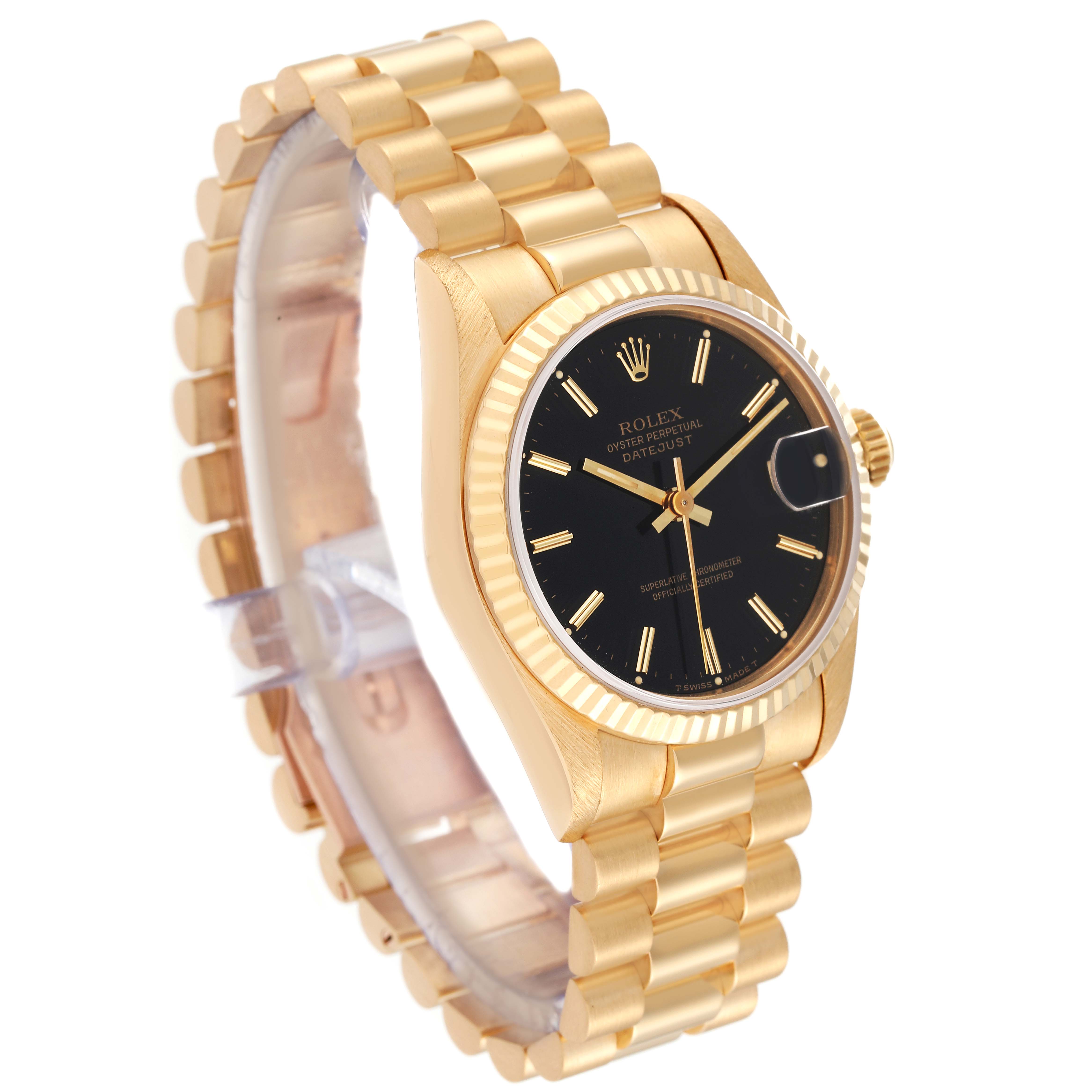 The Rolex President 68278 Women's Yellow Gold Black Dial 68278 Women's Yellow Gold Black Dial model watch is shown at a slight angle, highlighting the gold bracelet, black dial, and fluted bezel.