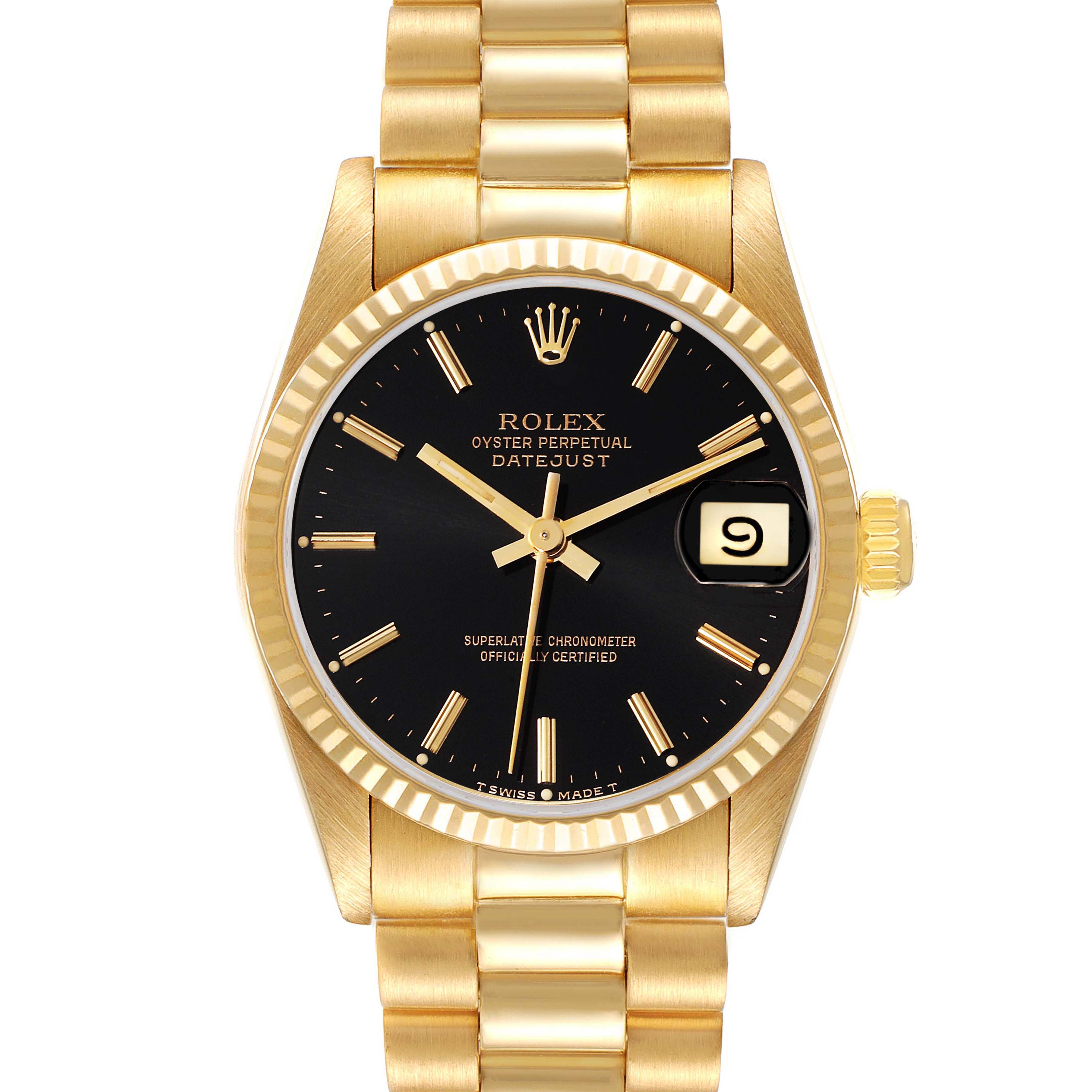 The Rolex President 68278 Women's Yellow Gold Black Dial 68278 Women's Yellow Gold Black Dial model is shown from the front, displaying the dial, hands, bezel, and part of the bracelet.
