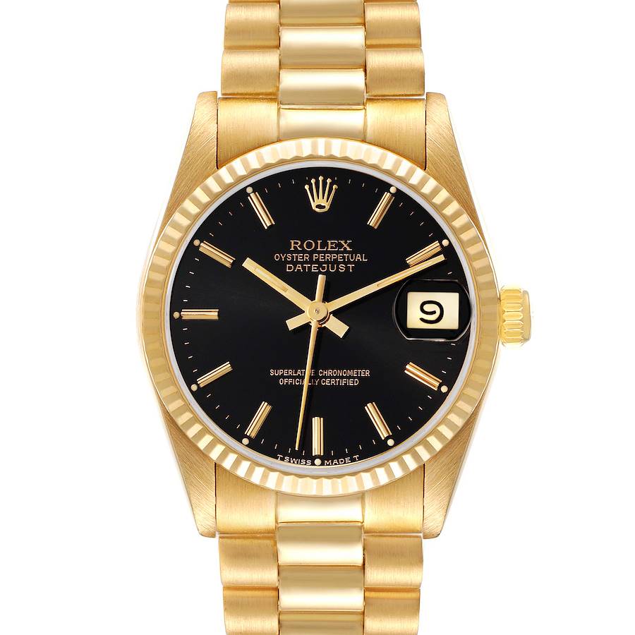 Rolex President Datejust Midsize Black Dial Yellow Gold Ladies Watch 68278 SwissWatchExpo