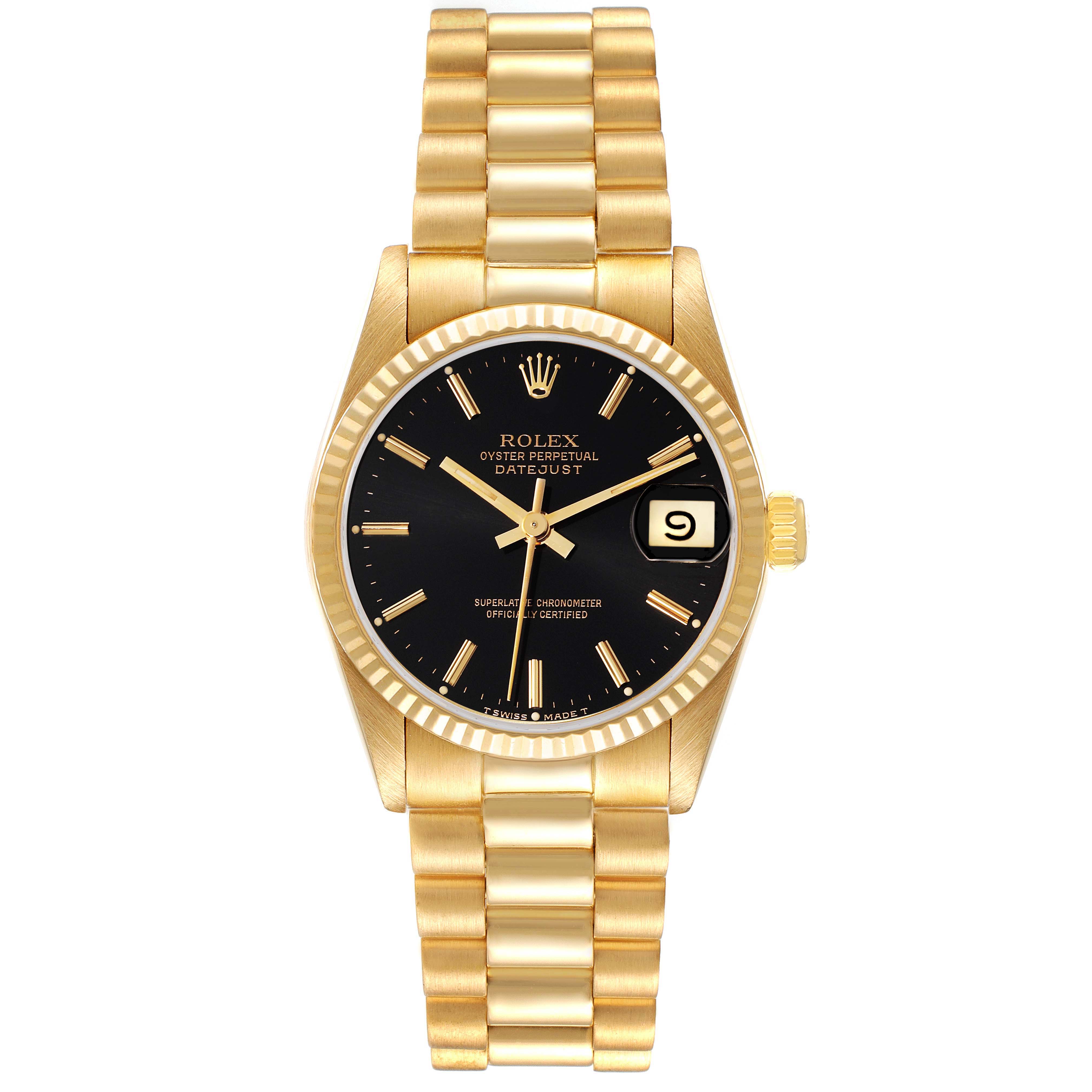 The image shows a front view of the Rolex President 68278 Women's Yellow Gold Black Dial 68278 Women's Yellow Gold Black Dial model, including its black dial, gold case, and bracelet.