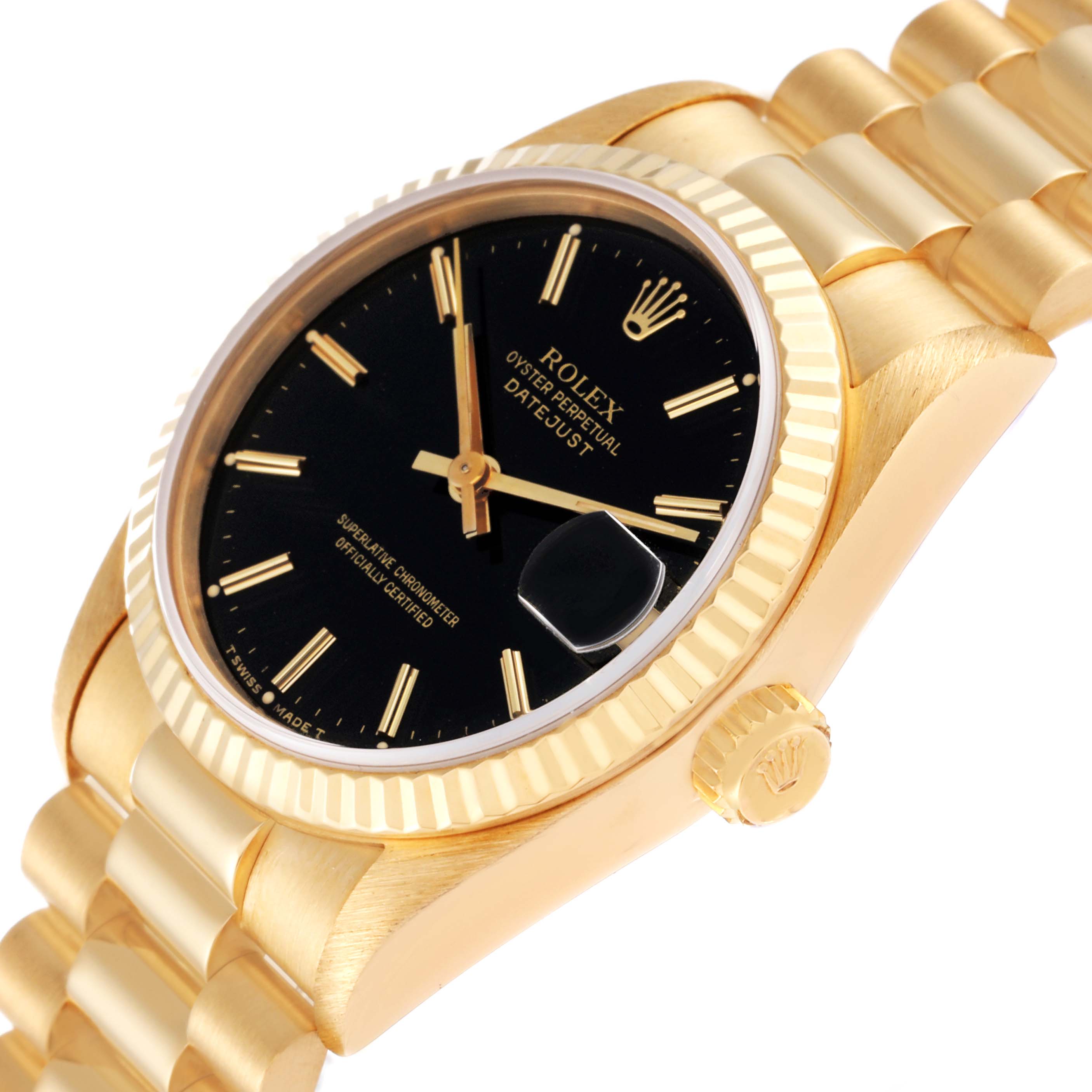 The image shows a Rolex President 68278 Women's Yellow Gold Black Dial 68278 Women's Yellow Gold Black Dial model watch at an angled view, highlighting the black dial, gold case, bezel, crown, and part of the bracelet.