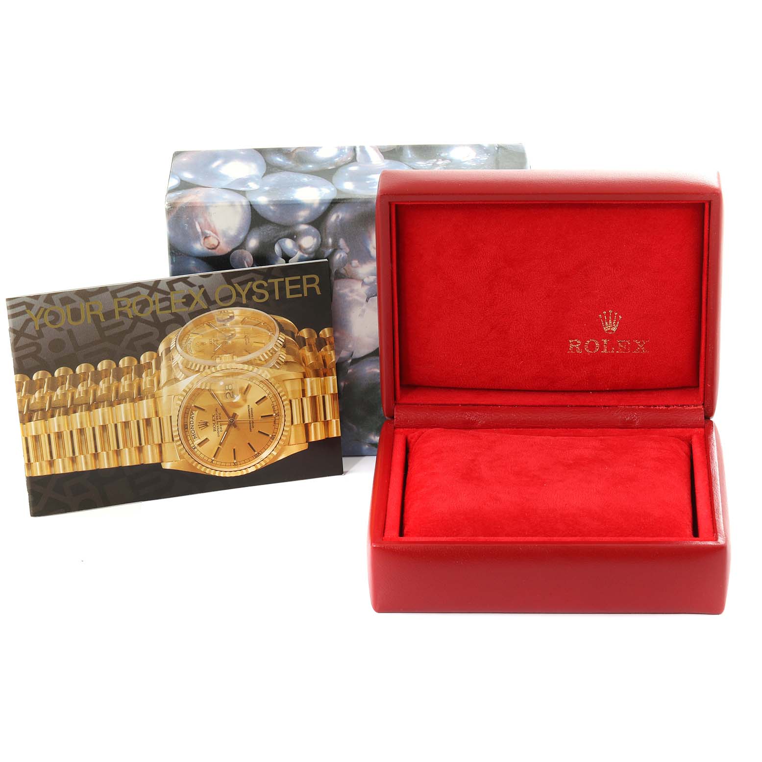 The image shows a Rolex President 69258 Women
s Yellow Gold Champagne Dial 69258 Women
s Yellow Gold Champagne Dial model watch box, accompanied by a card with an image of the watch and an outer packaging.