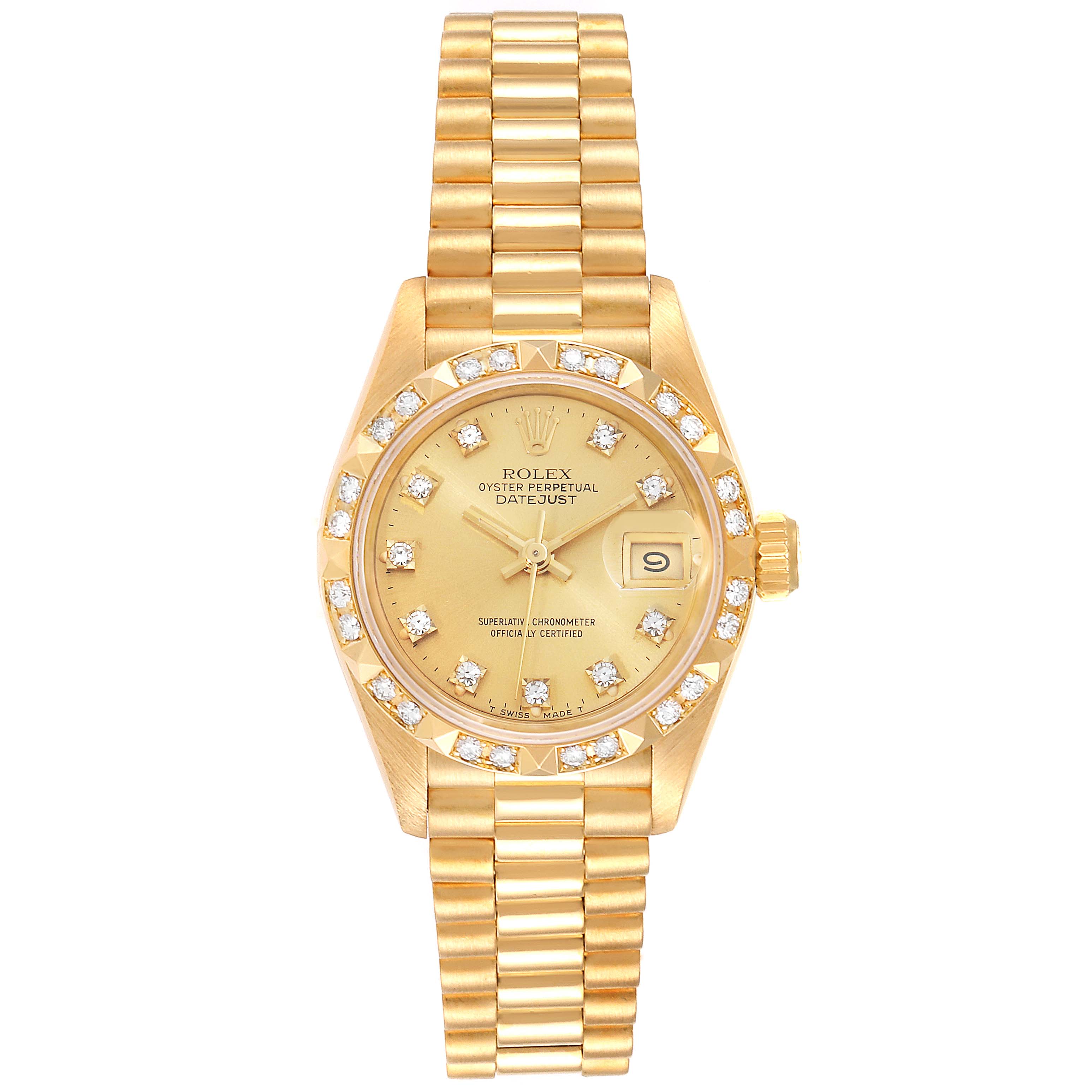 This image shows a frontal view of a Rolex President 69258 Women
s Yellow Gold Champagne Dial 69258 Women
s Yellow Gold Champagne Dial model watch, featuring its face, bezel, case, and bracelet.