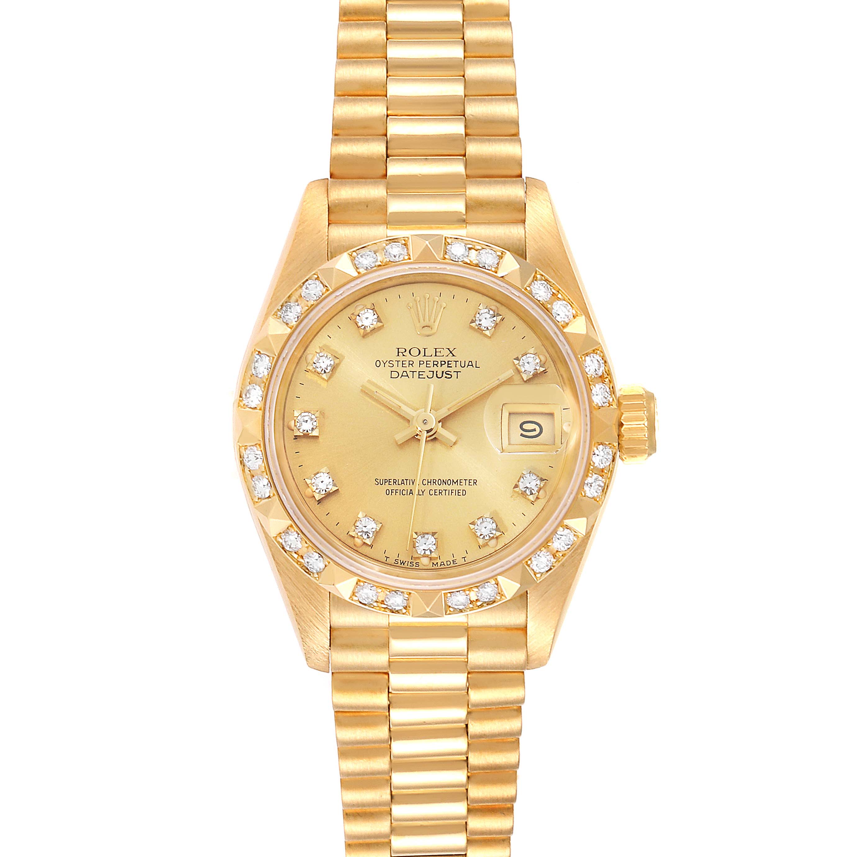The image shows a Rolex President 69258 Women
s Yellow Gold Champagne Dial 69258 Women
s Yellow Gold Champagne Dial Datejust watch, featuring a gold case, diamond bezel, gold dial, and gold bracelet, viewed from the front.