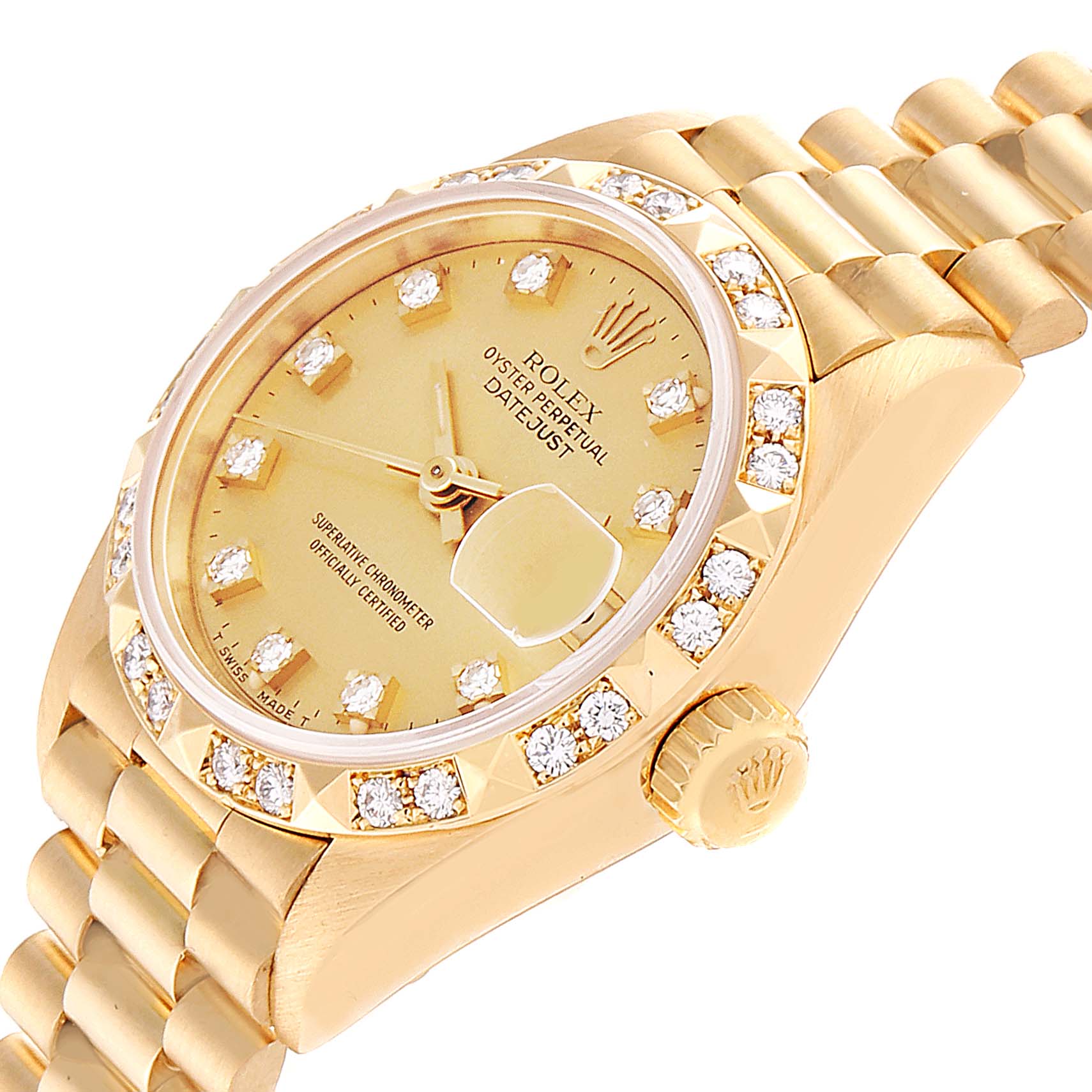 The image shows a close-up angled view of the Rolex President 69258 Women
s Yellow Gold Champagne Dial 69258 Women
s Yellow Gold Champagne Dial model watch, featuring the dial, bezel, and bracelet.