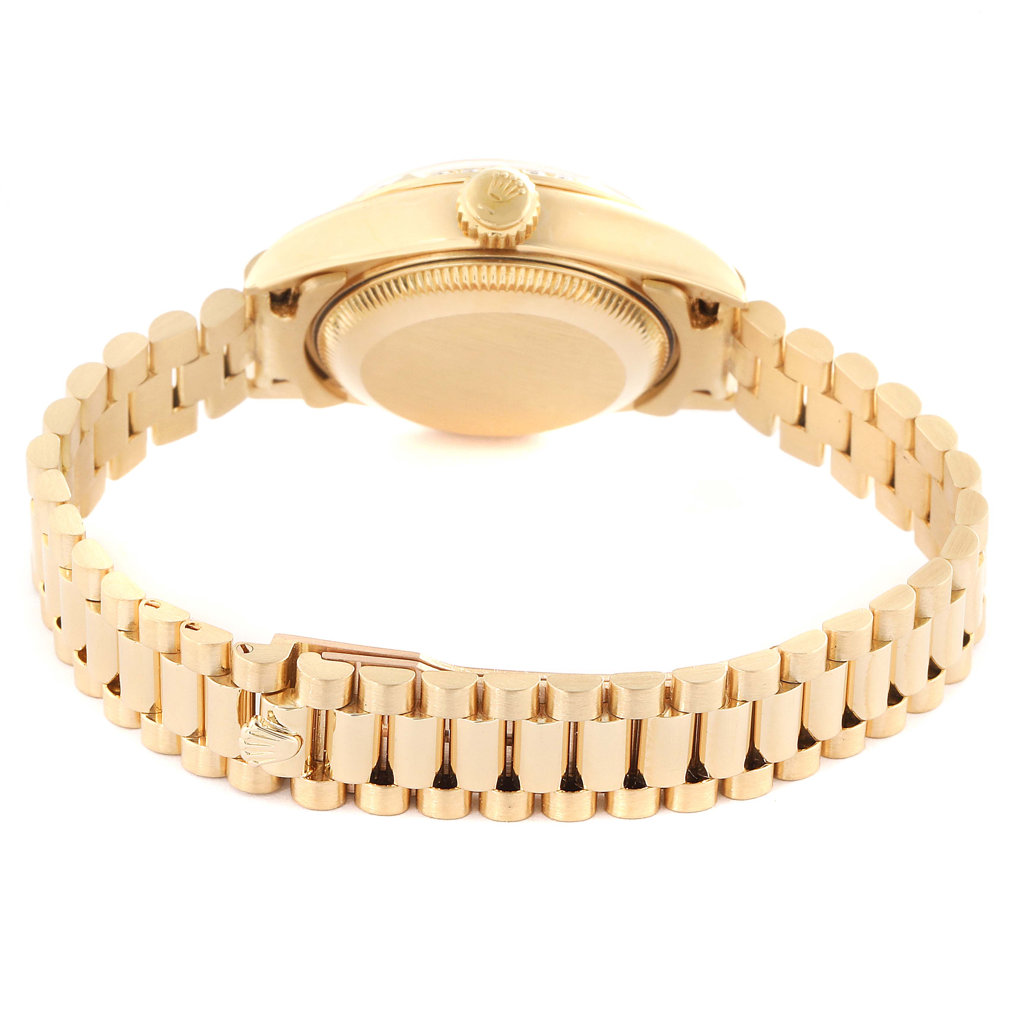 The image shows the back view of a Rolex President 69258 Women
s Yellow Gold Champagne Dial 69258 Women
s Yellow Gold Champagne Dial model watch, highlighting the bracelet and case back.