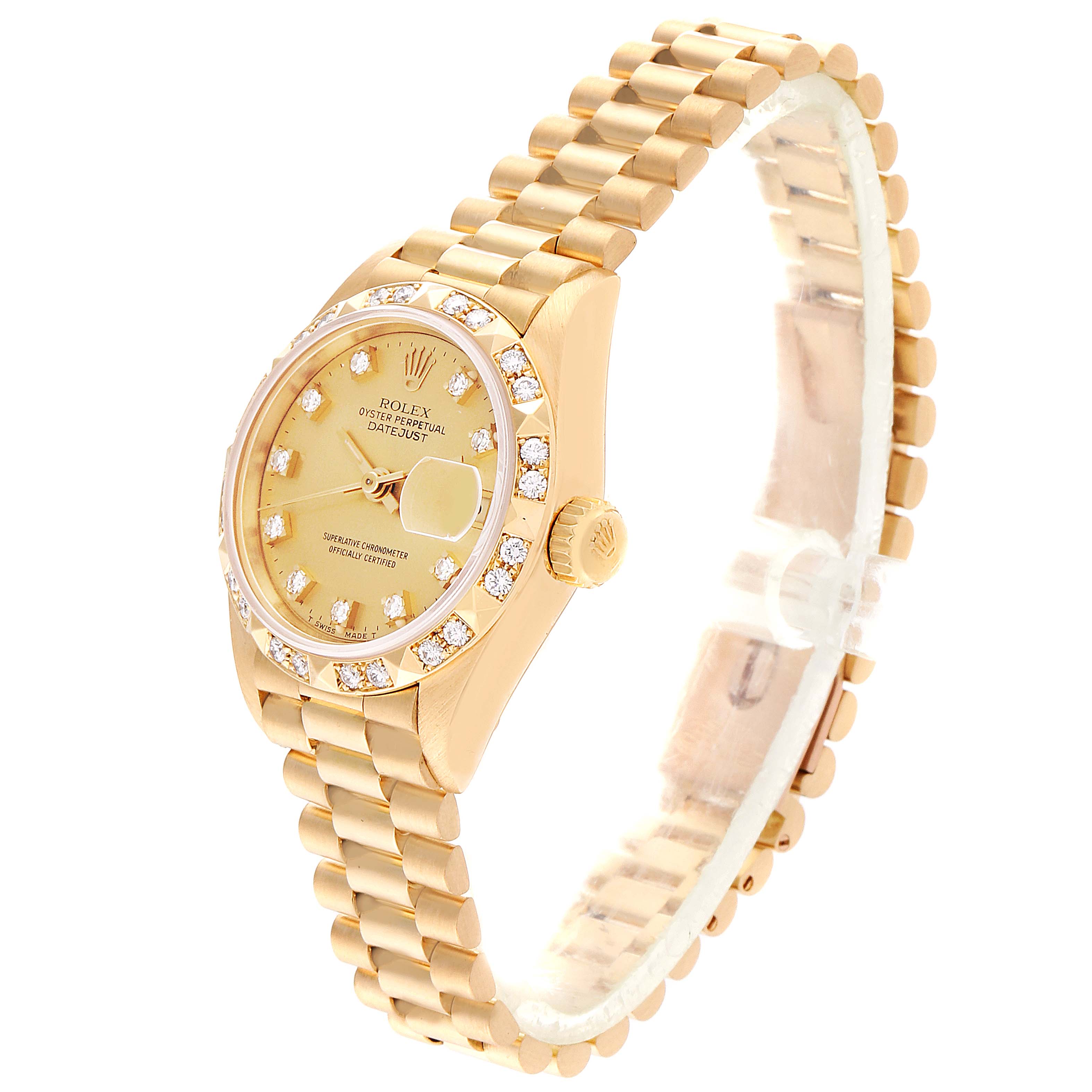 The Rolex President 69258 Women
s Yellow Gold Champagne Dial 69258 Women
s Yellow Gold Champagne Dial model watch is shown at an angled view featuring its gold band, bezel, crown, and dial.