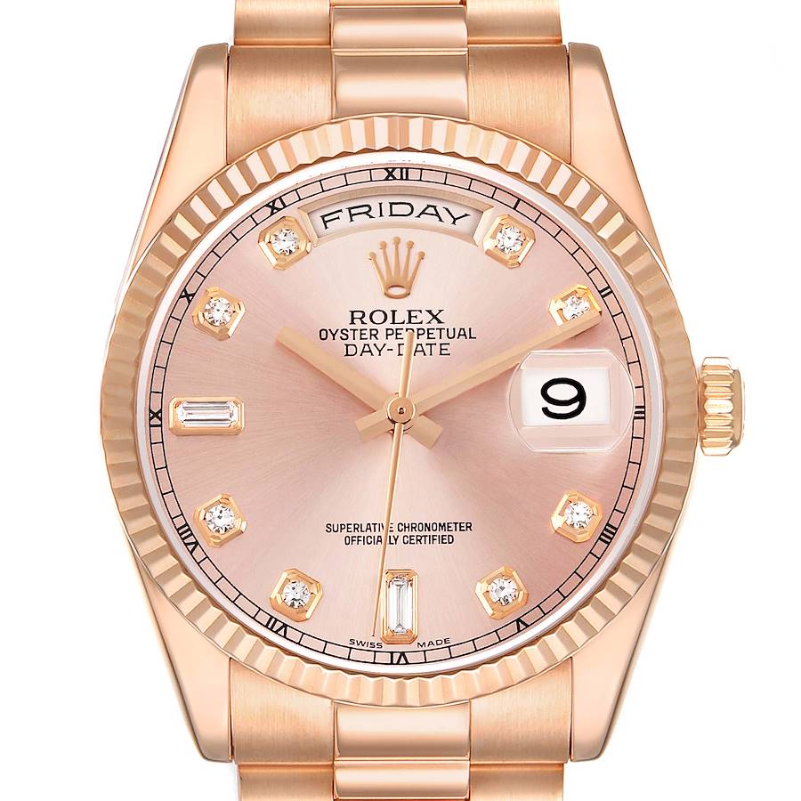 The Rolex President 118235 Men's Rose Gold Pink Dial model watch is shown from a front angle, highlighting its dial, bezel, crown, and bracelet.