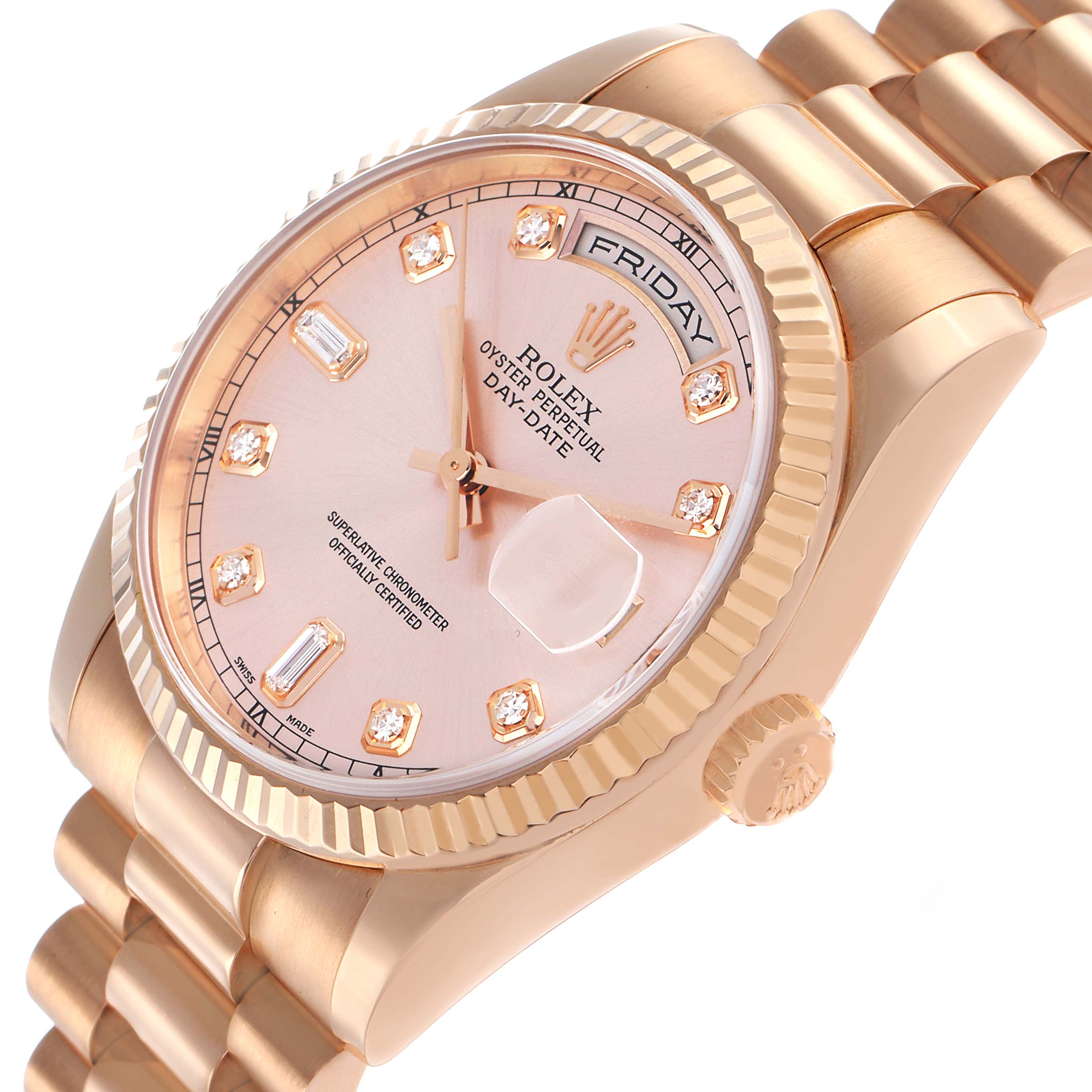 The image shows a Rolex President 118235 Men's Rose Gold Pink Dial model at an angled view highlighting the dial, bezel, and bracelet, with a visible crown logo.