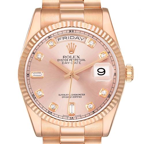 The Rolex President 118235 Men's Rose Gold Pink Dial model watch is shown from the front, displaying the dial, hands, date window, and part of the bracelet.