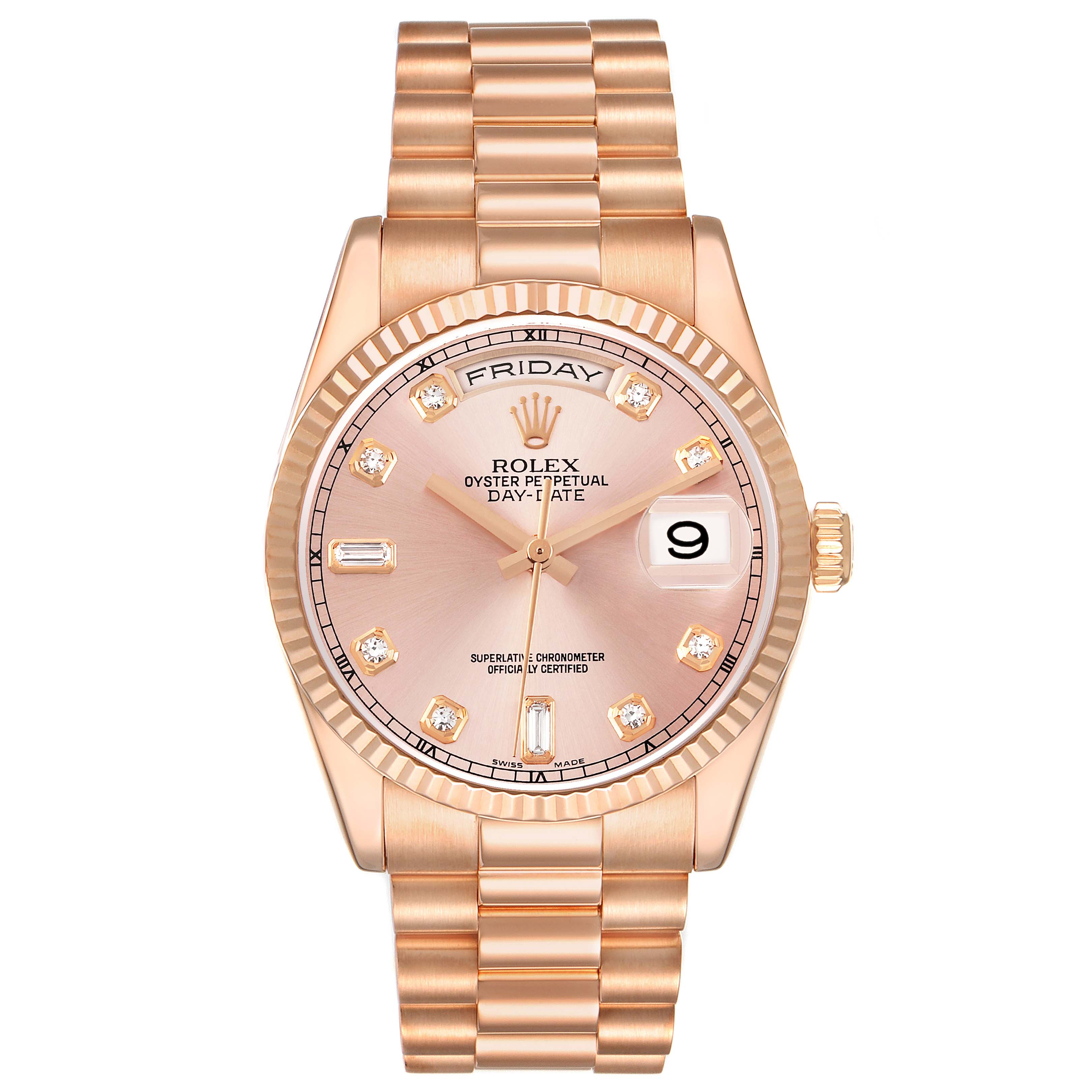 The Rolex President 118235 Men's Rose Gold Pink Dial watch is shown from a front angle, displaying the dial, bezel, bracelet, and crown.