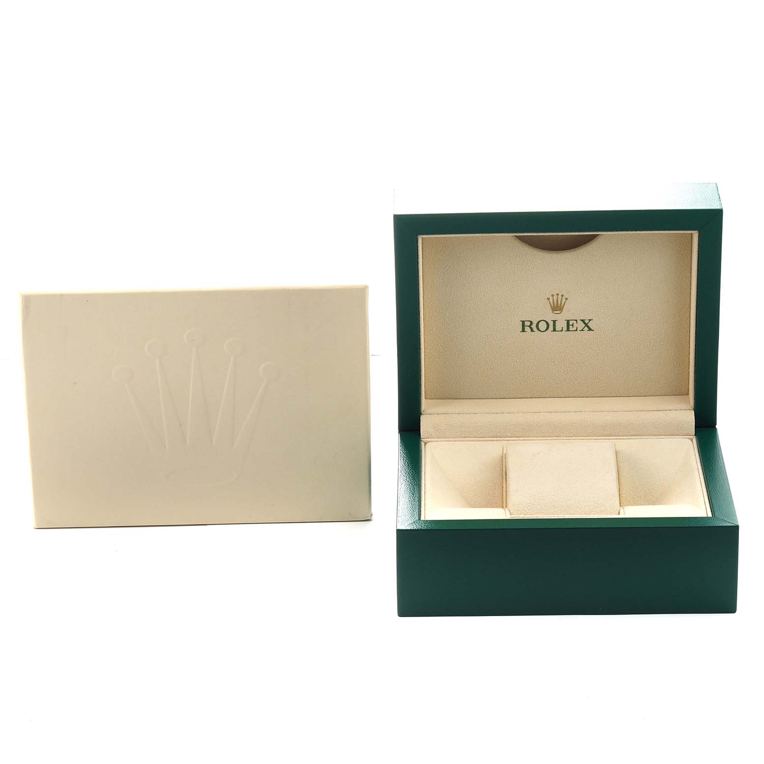 The image shows an open Rolex President 118235 Men's Rose Gold Pink Dial watch box with a crown logo and an outer cardboard box beside it.