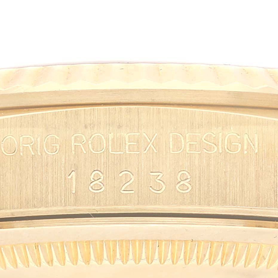 This close-up image shows the engraved model number "18238" on the President model by Rolex.