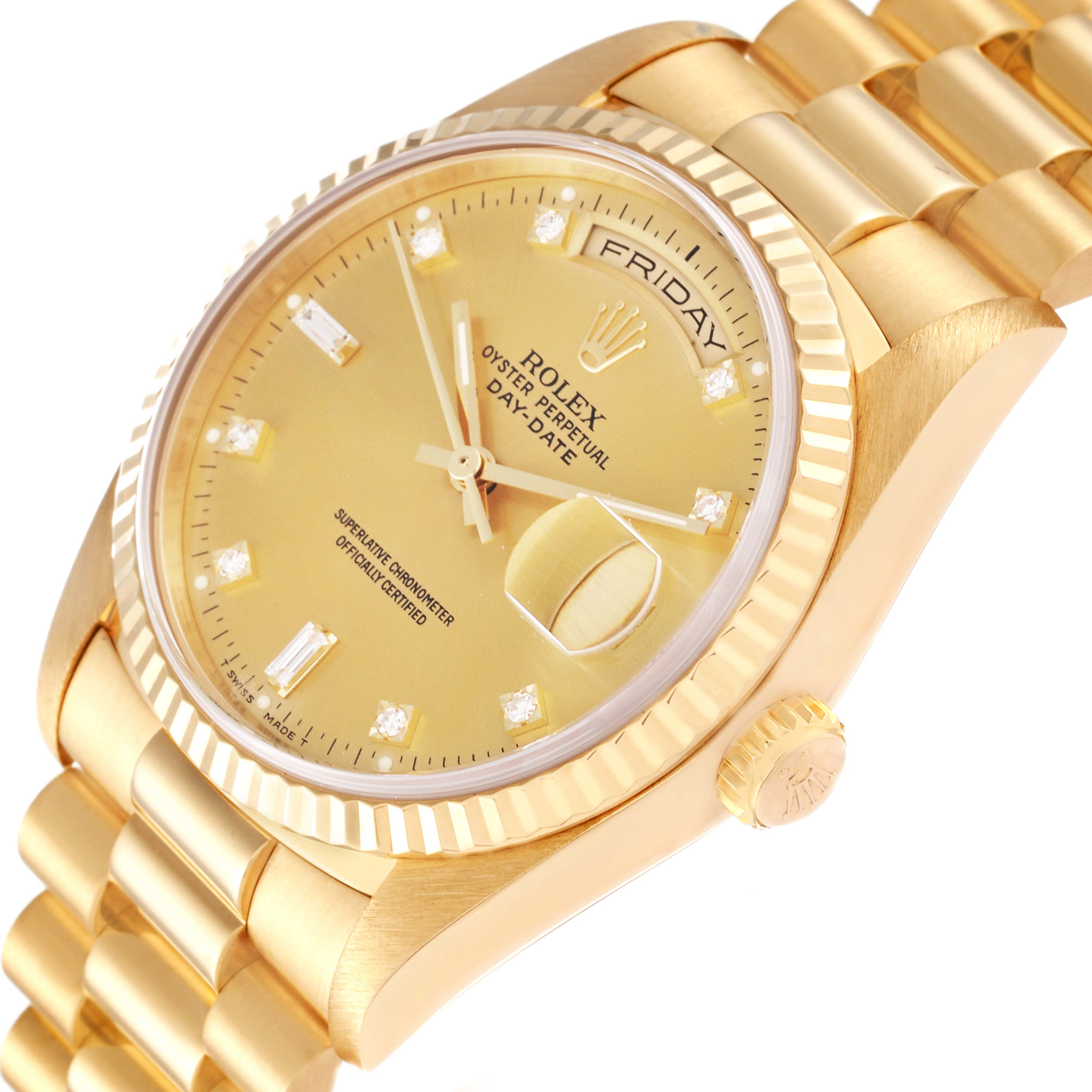 The image shows a close-up, angled view of the Rolex President 18238 Men
s Yellow Gold Champagne Dial 18238 Men
s Yellow Gold Champagne Dial model watch, highlighting its gold dial, day-date display, and bracelet.