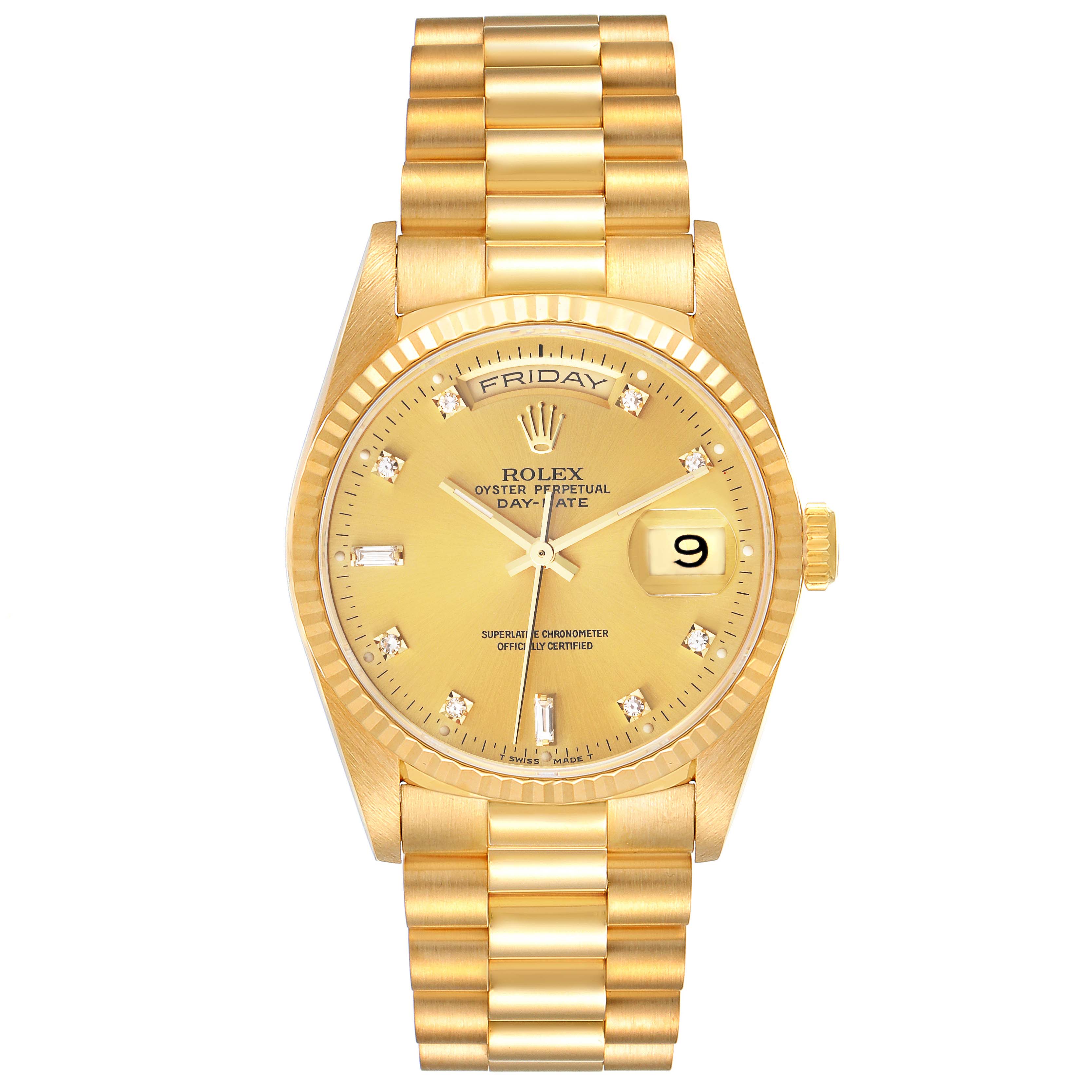 The image shows a frontal view of a Rolex President 18238 Men
s Yellow Gold Champagne Dial 18238 Men
s Yellow Gold Champagne Dial model watch, highlighting the dial, bezel, day-date display, and bracelet.