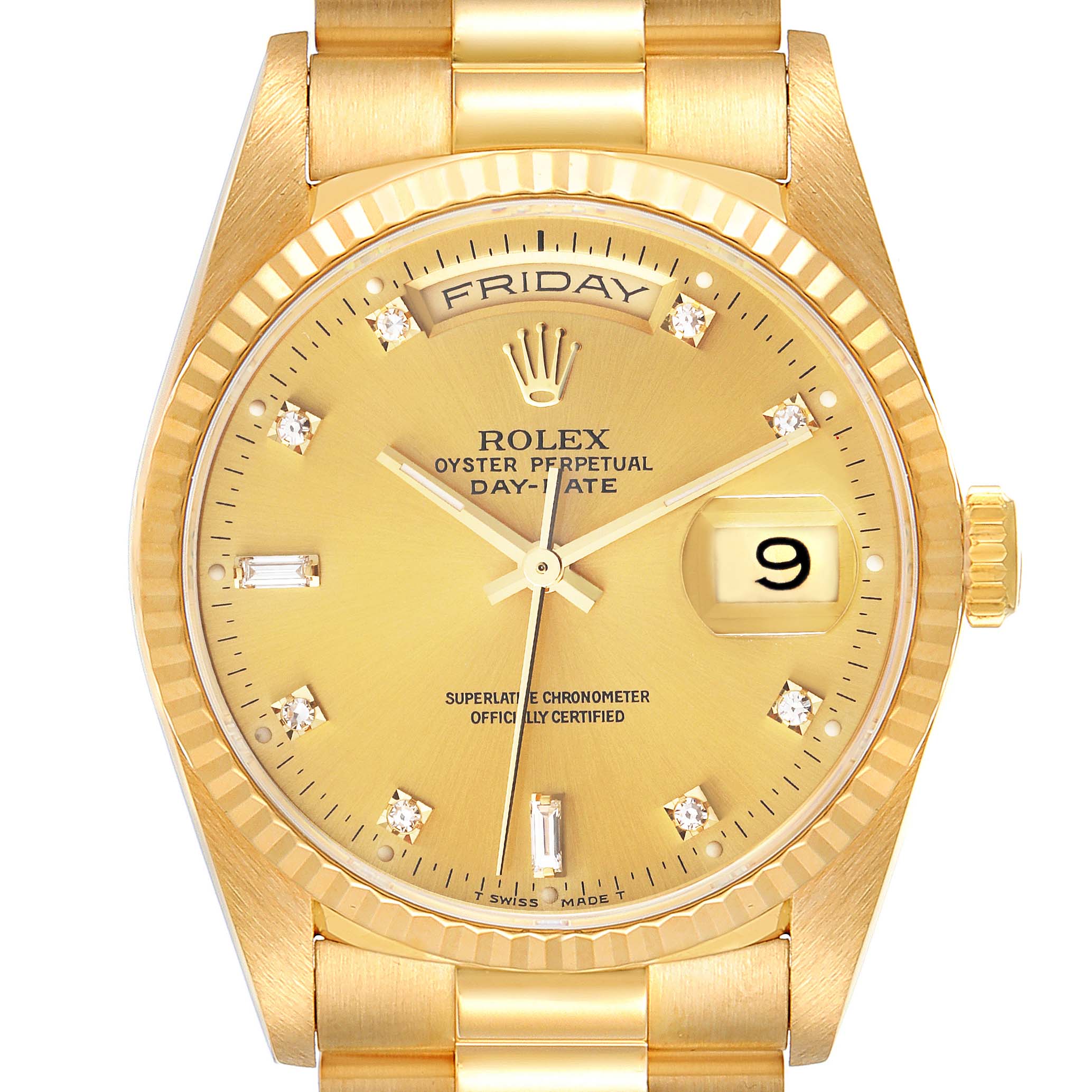 This is a front view of the Rolex President 18238 Men
s Yellow Gold Champagne Dial 18238 Men
s Yellow Gold Champagne Dial model, showing the dial, hands, day and date windows, and part of the bracelet.