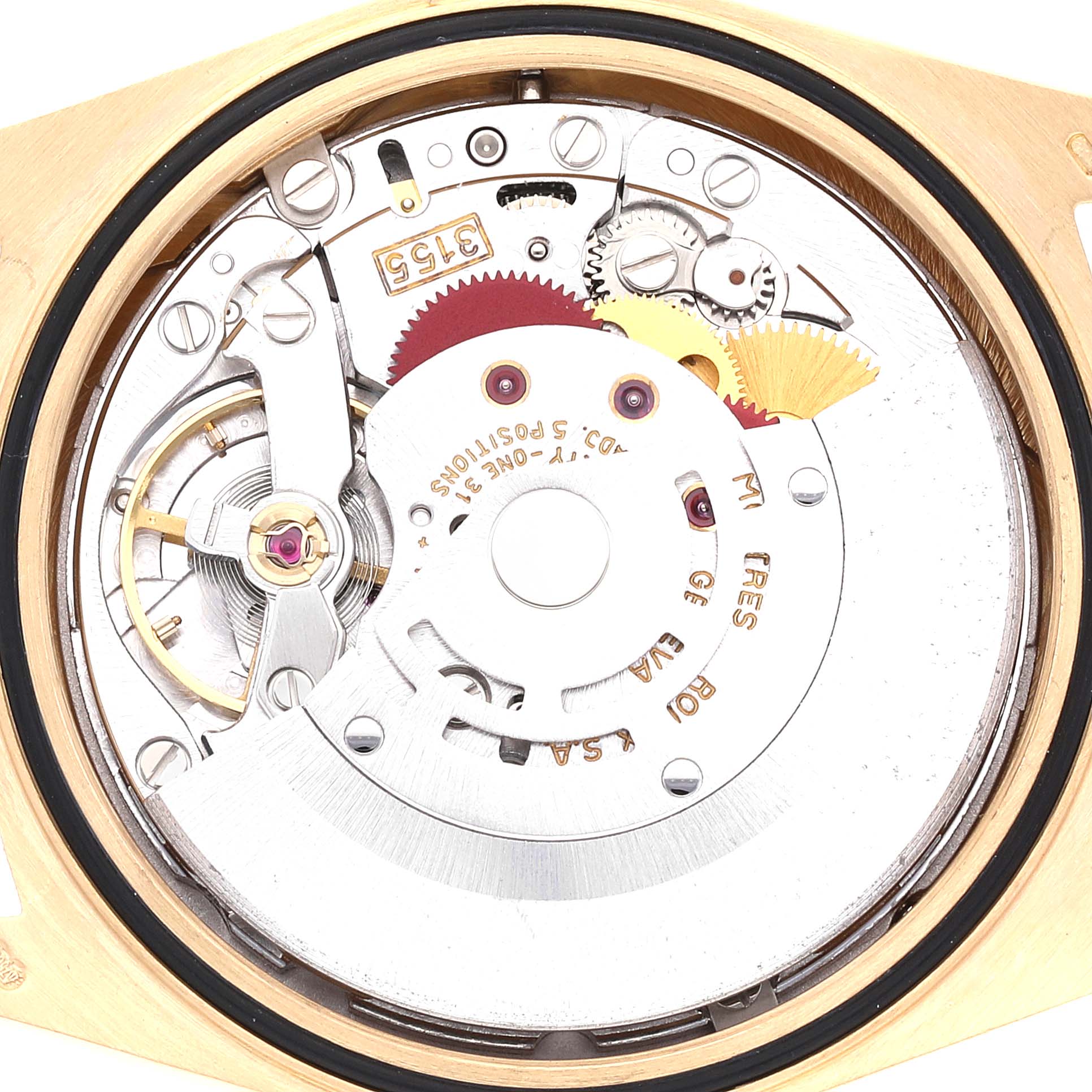 This image shows the internal mechanism of the Rolex President 18238 Men
s Yellow Gold Champagne Dial 18238 Men
s Yellow Gold Champagne Dial watch model viewed from the back.