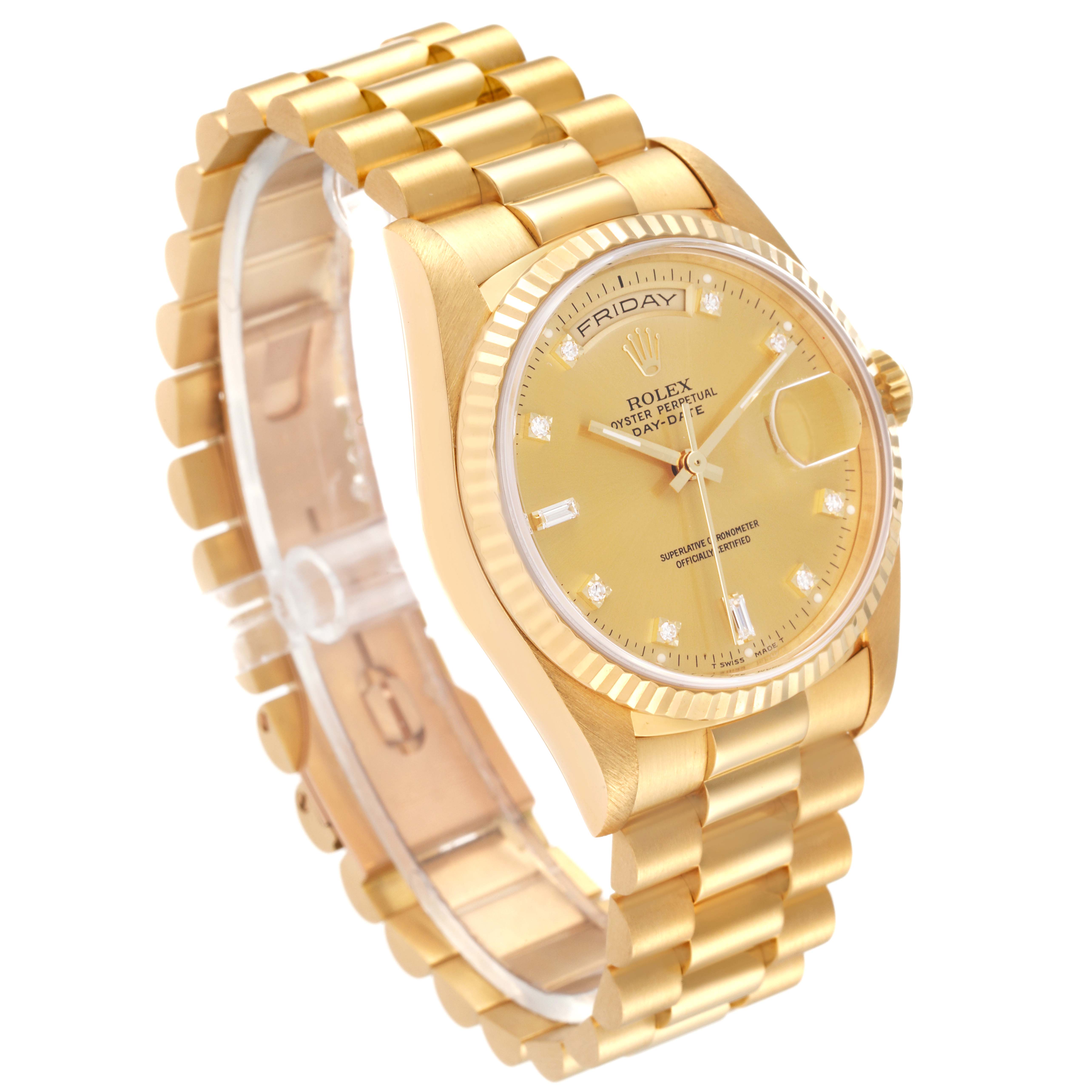 The image shows a Rolex President 18238 Men
s Yellow Gold Champagne Dial 18238 Men
s Yellow Gold Champagne Dial model watch angled from the front-left, highlighting the gold bracelet, case, and face with markers.
