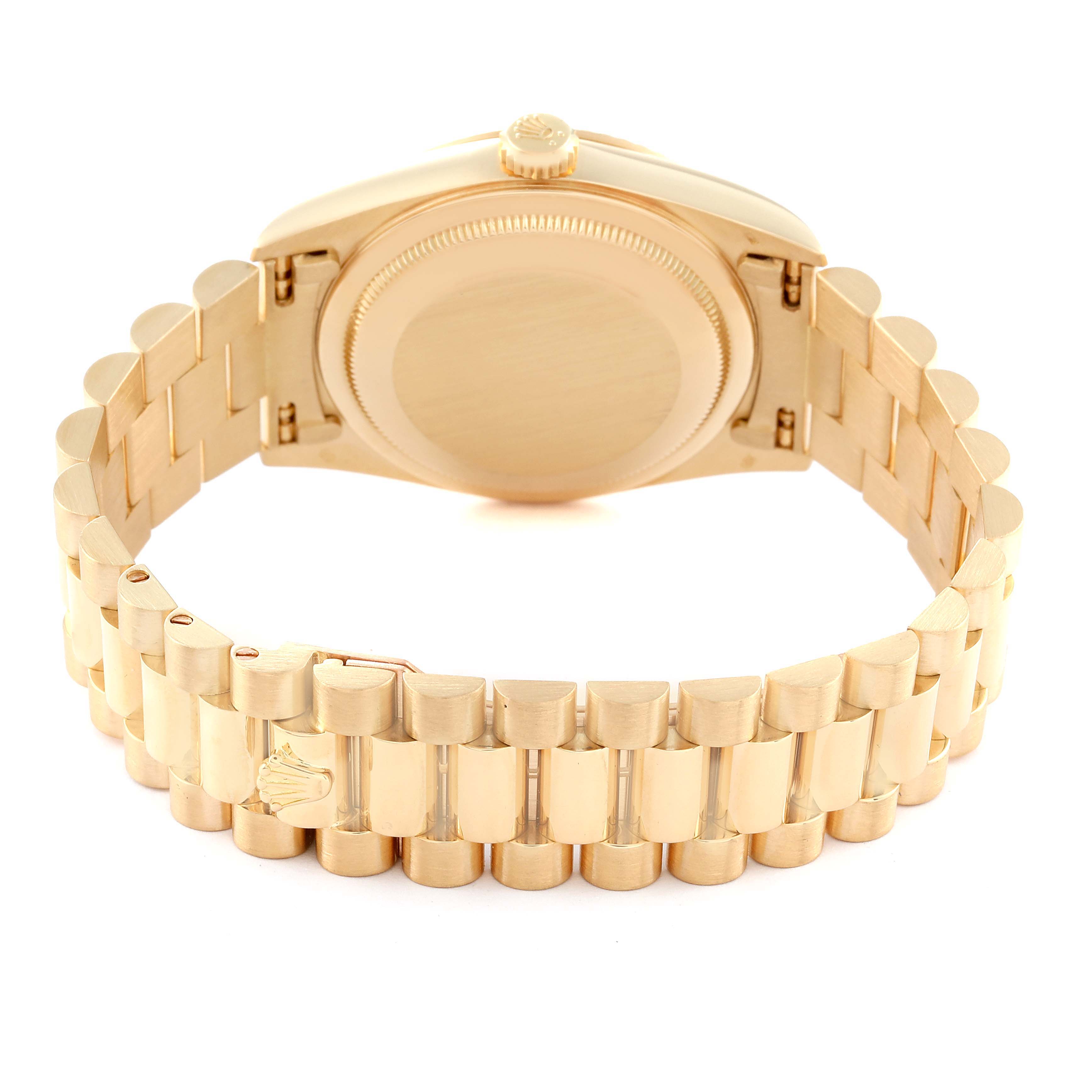 The image shows the back view of a Rolex President 18238 Men's Yellow Gold Black Dial 18238 Men's Yellow Gold Black Dial model watch, highlighting the clasp and bracelet.